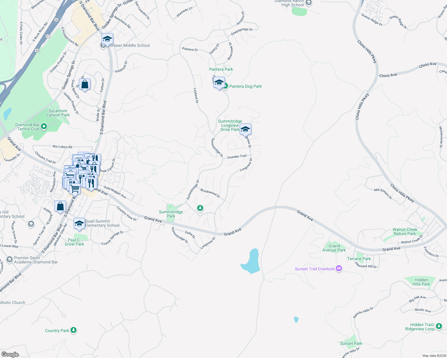 map of restaurants, bars, coffee shops, grocery stores, and more near 1120 Pebblewood Drive in Diamond Bar
