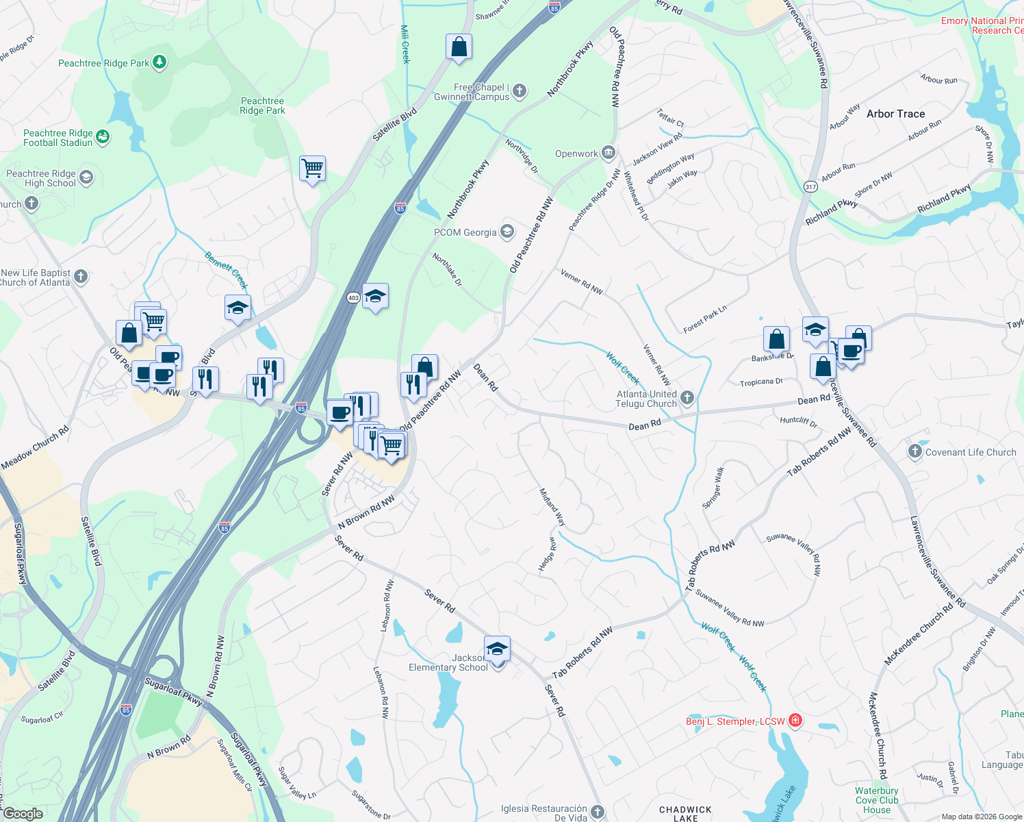 map of restaurants, bars, coffee shops, grocery stores, and more near 2225 Golden Valley Dr in Lawrenceville