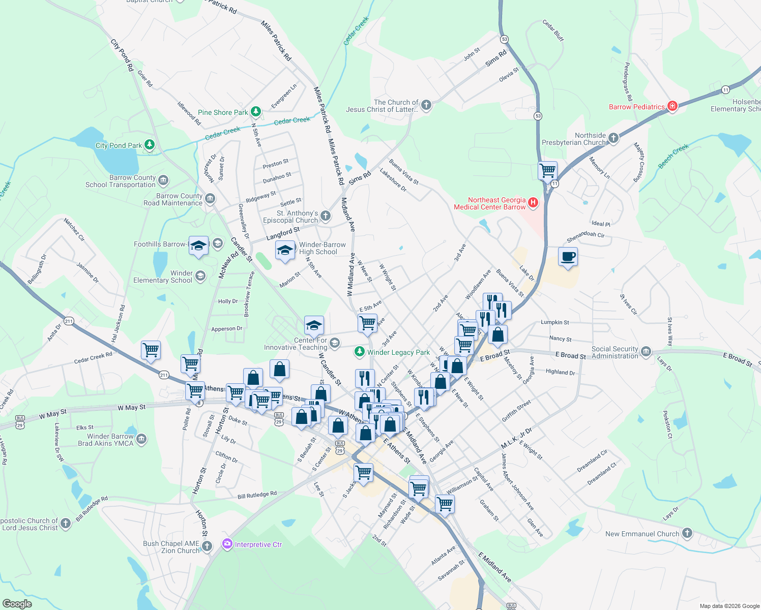 map of restaurants, bars, coffee shops, grocery stores, and more near 132 W New St in Winder