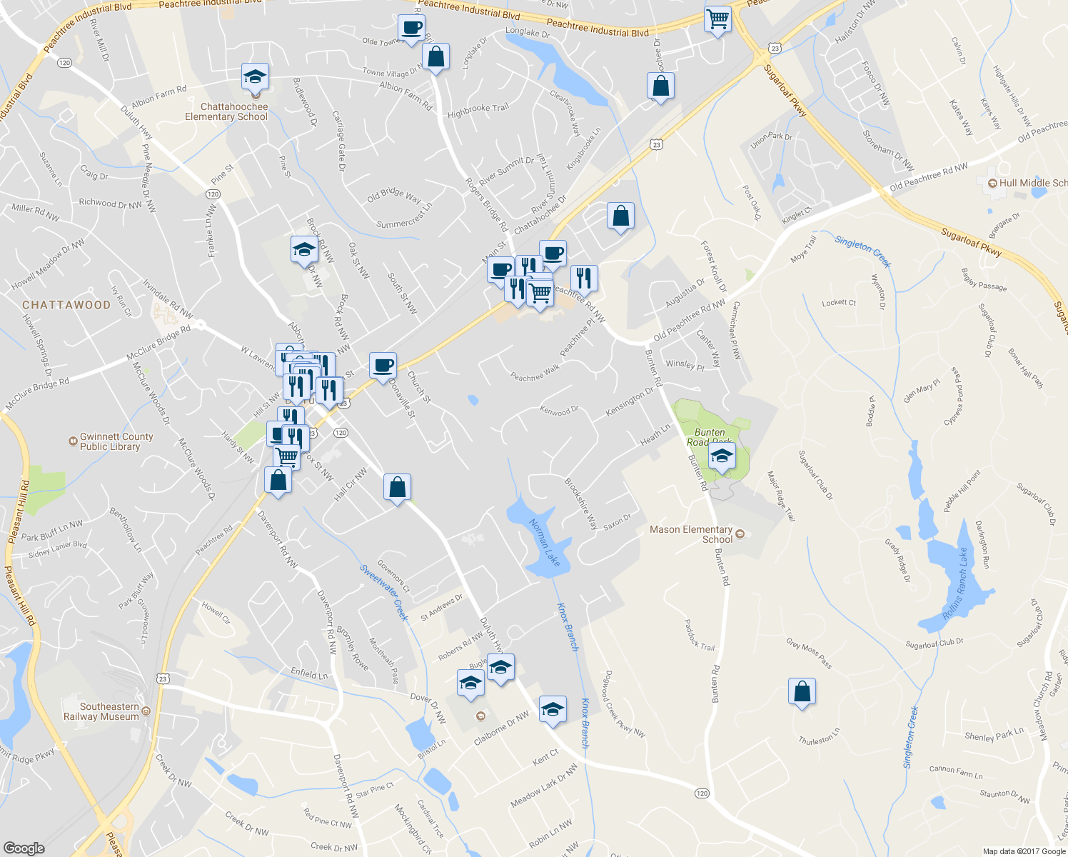 map of restaurants, bars, coffee shops, grocery stores, and more near 3313 Lancing Court in Duluth