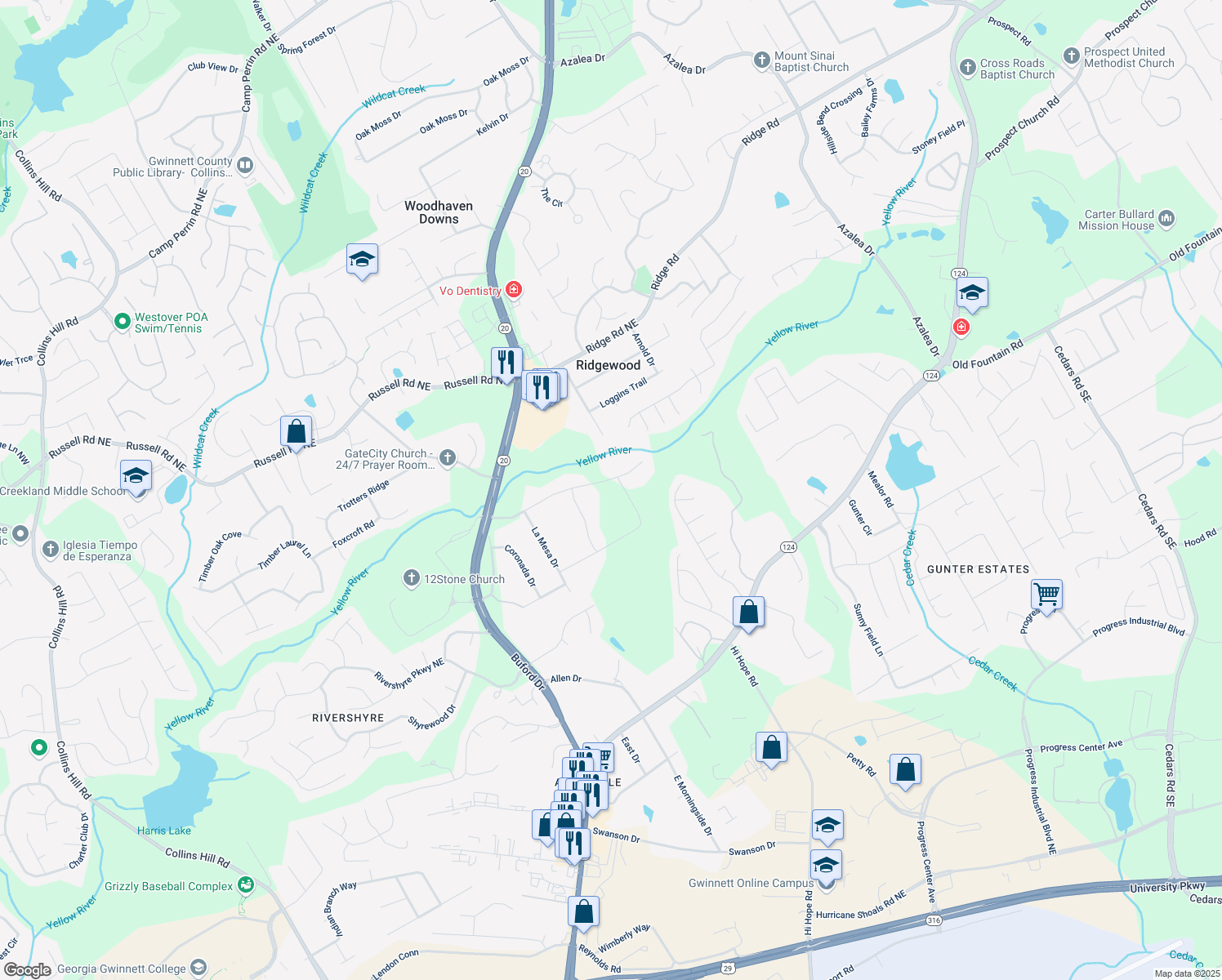 map of restaurants, bars, coffee shops, grocery stores, and more near 758 Lauren Cir in Lawrenceville