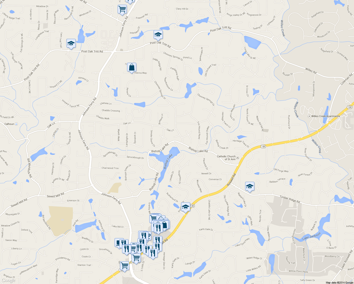 map of restaurants, bars, coffee shops, grocery stores, and more near 4654 Bishop Lake Rd in Marietta