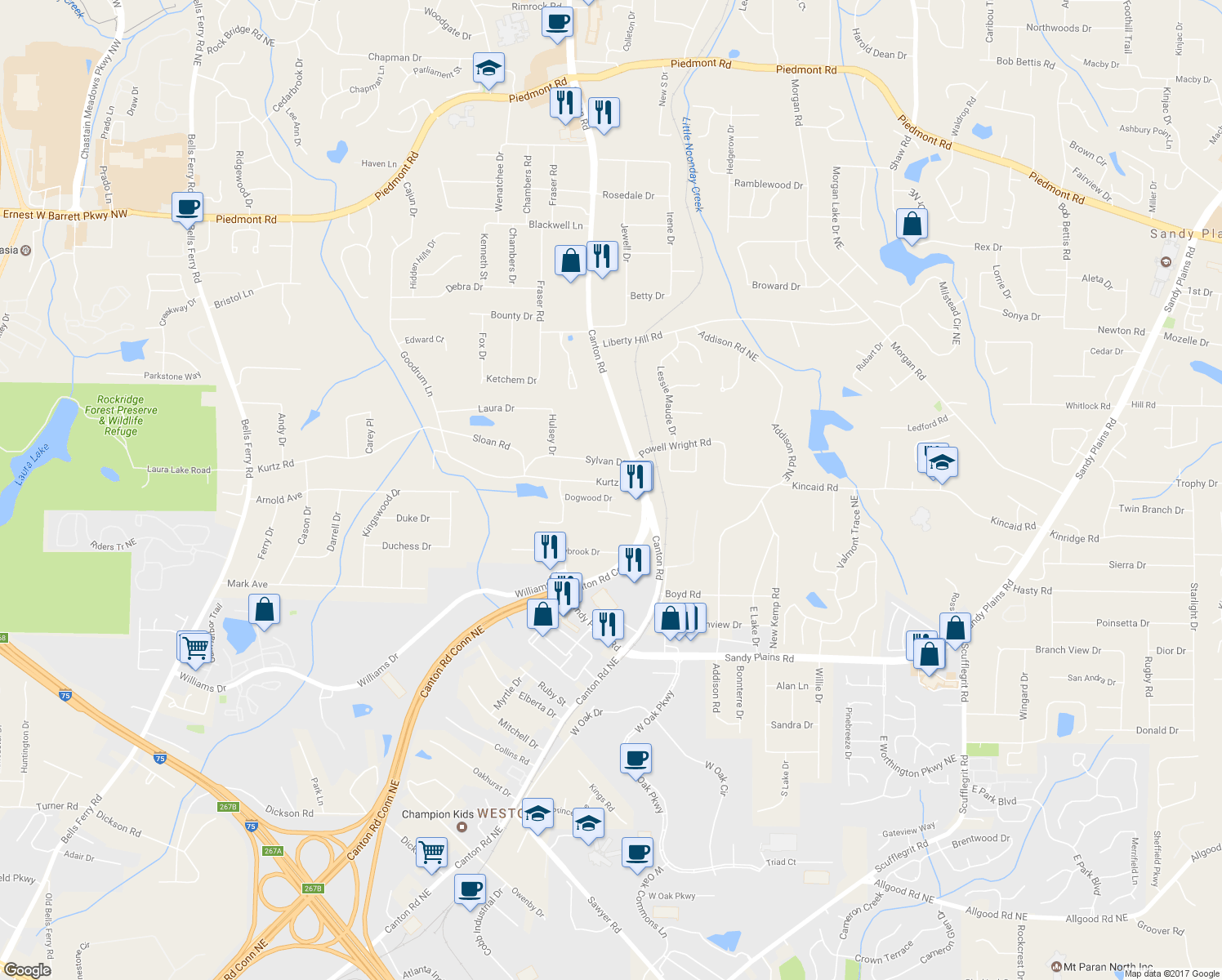 map of restaurants, bars, coffee shops, grocery stores, and more near 864 Kurtz Road in Marietta