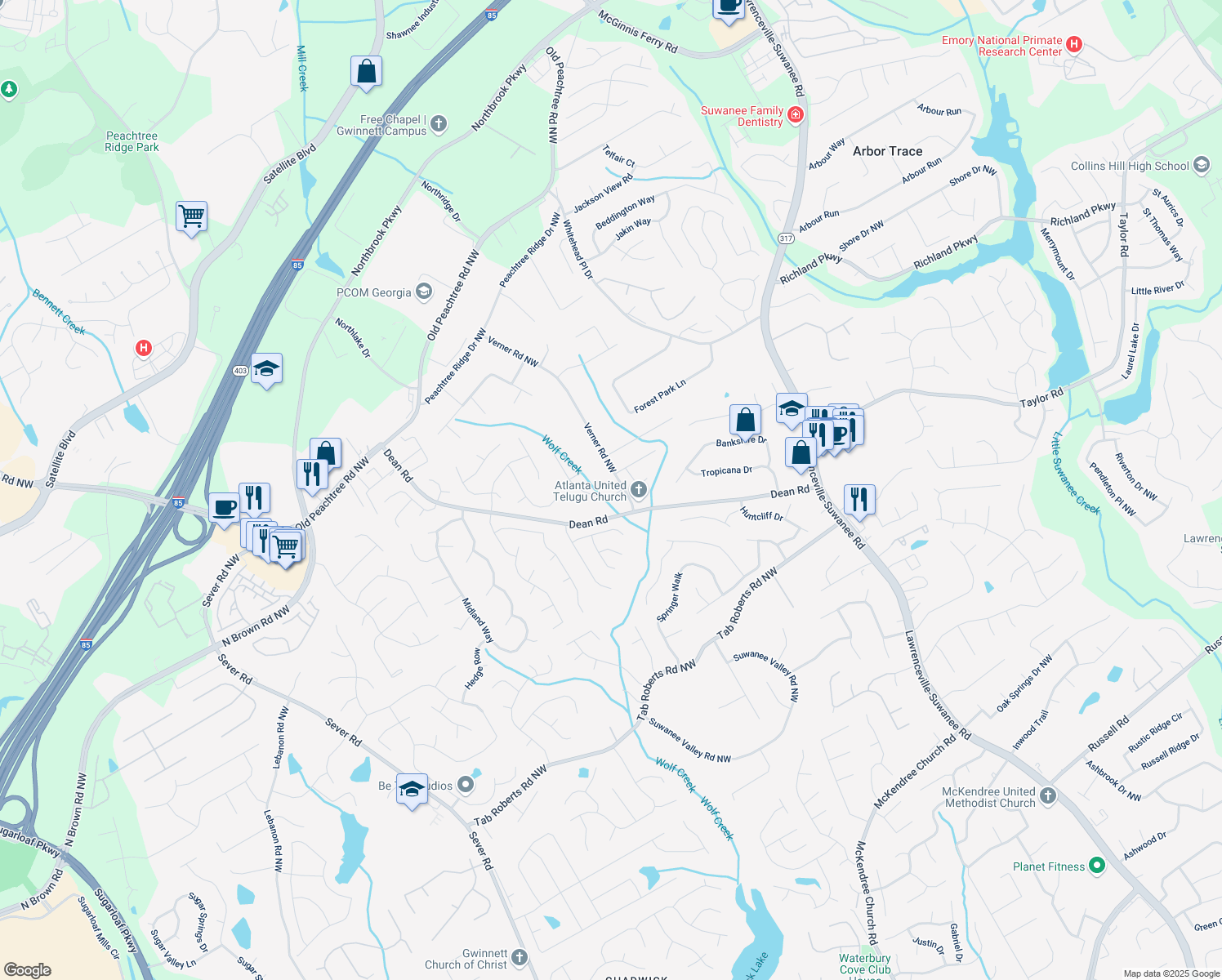 map of restaurants, bars, coffee shops, grocery stores, and more near 915 Spring Ives Drive in Lawrenceville