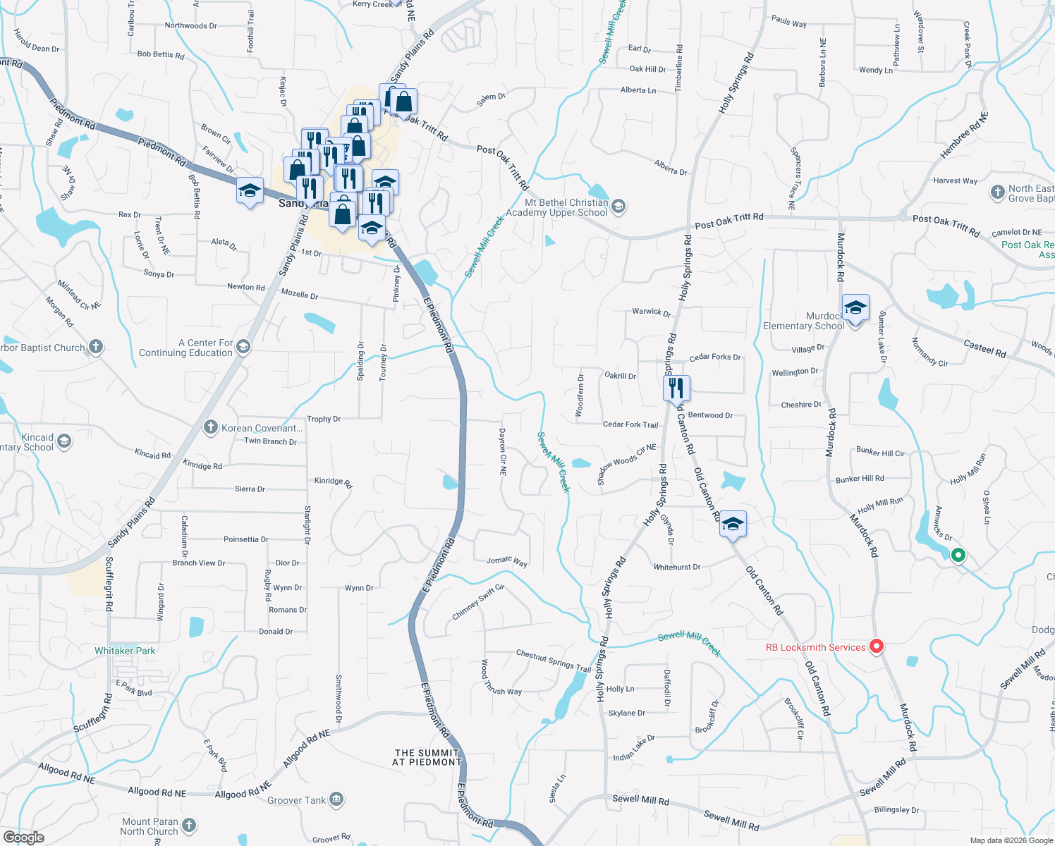 map of restaurants, bars, coffee shops, grocery stores, and more near 2108 B T Sheppard Dr in Marietta