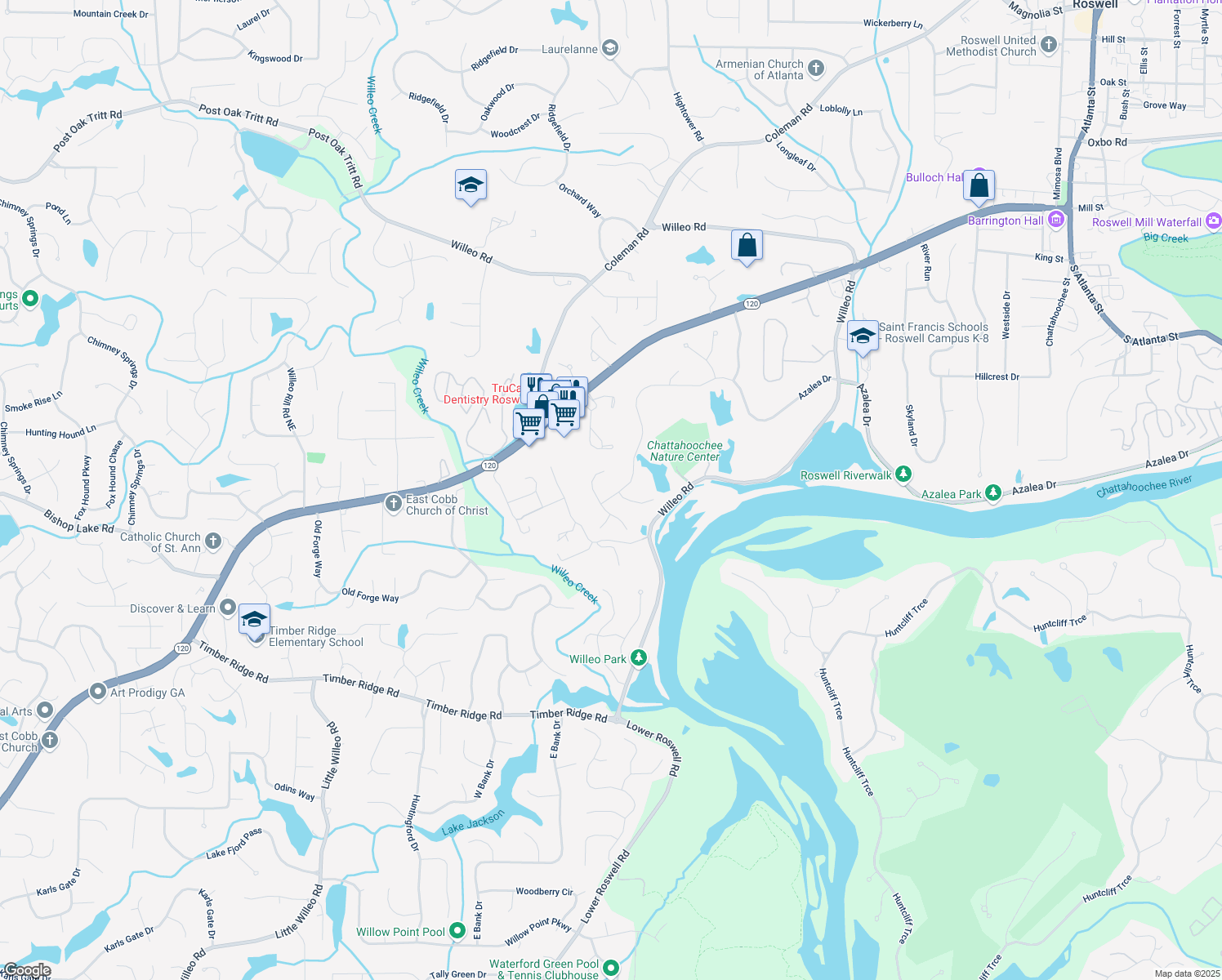 map of restaurants, bars, coffee shops, grocery stores, and more near 2260 Azalea Drive in Roswell
