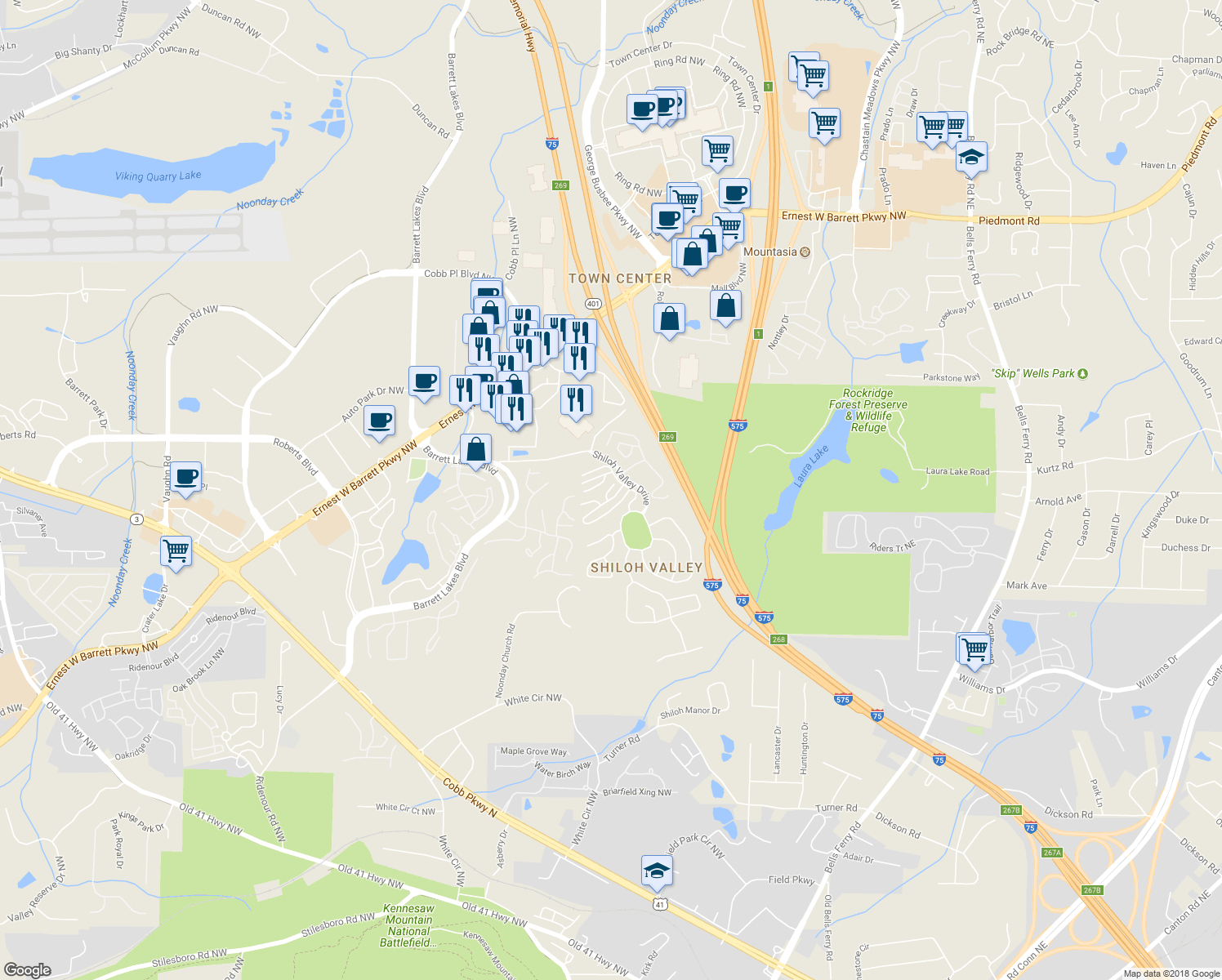 map of restaurants, bars, coffee shops, grocery stores, and more near 2113 Goldwaite Court Northwest in Kennesaw