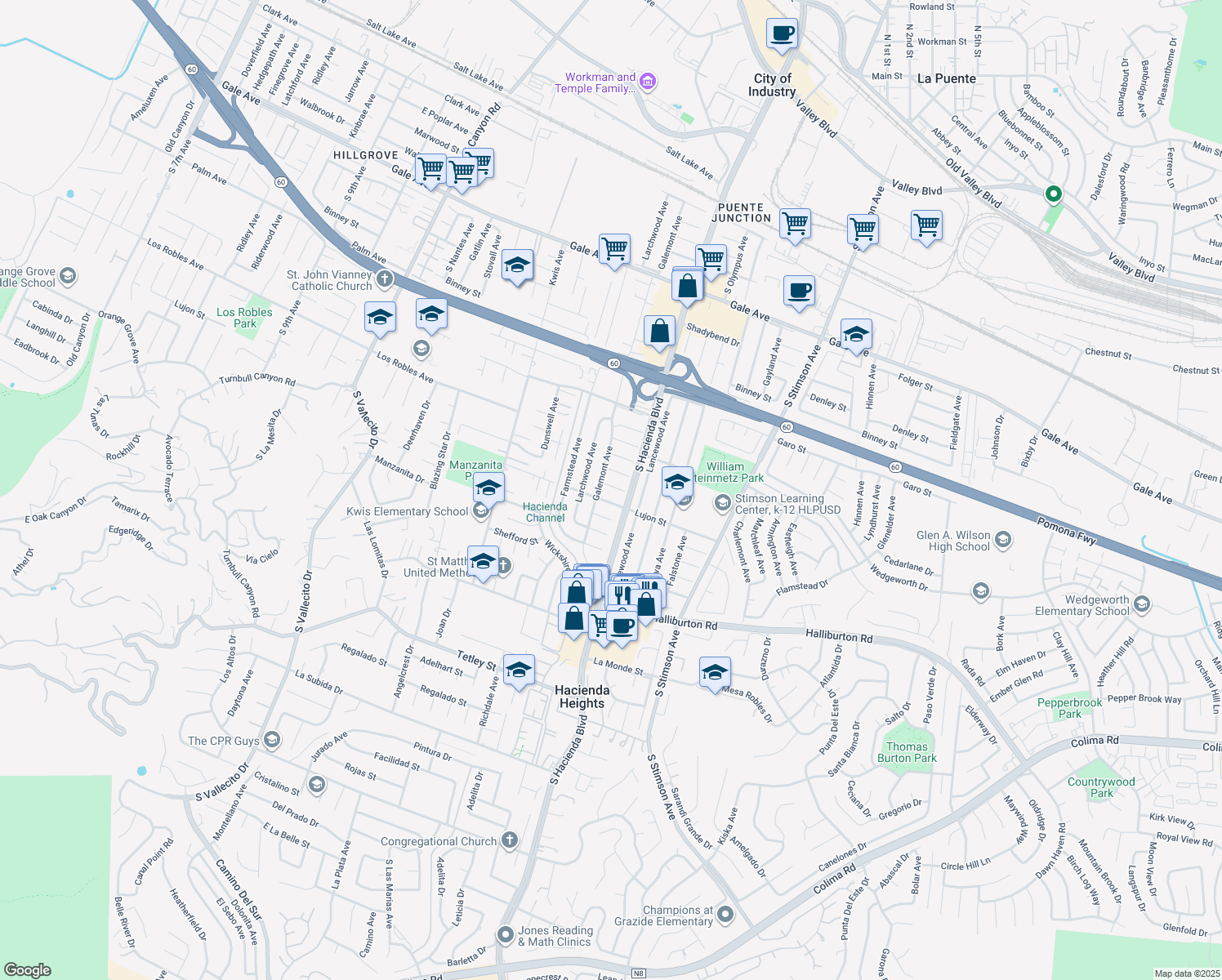 map of restaurants, bars, coffee shops, grocery stores, and more near 15716 Ragley Street in Hacienda Heights