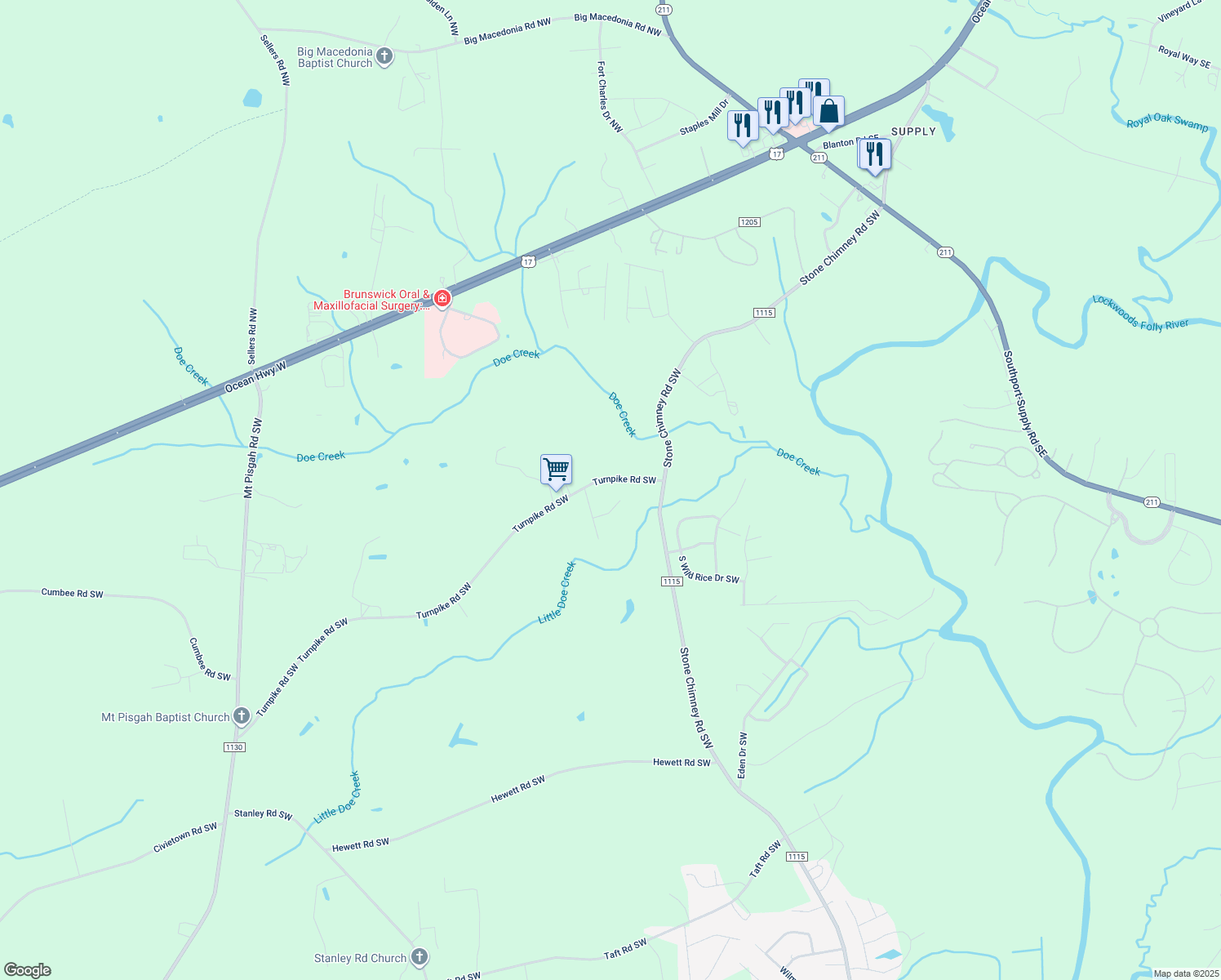 map of restaurants, bars, coffee shops, grocery stores, and more near 535 Turnpike Rd SW in Brunswick