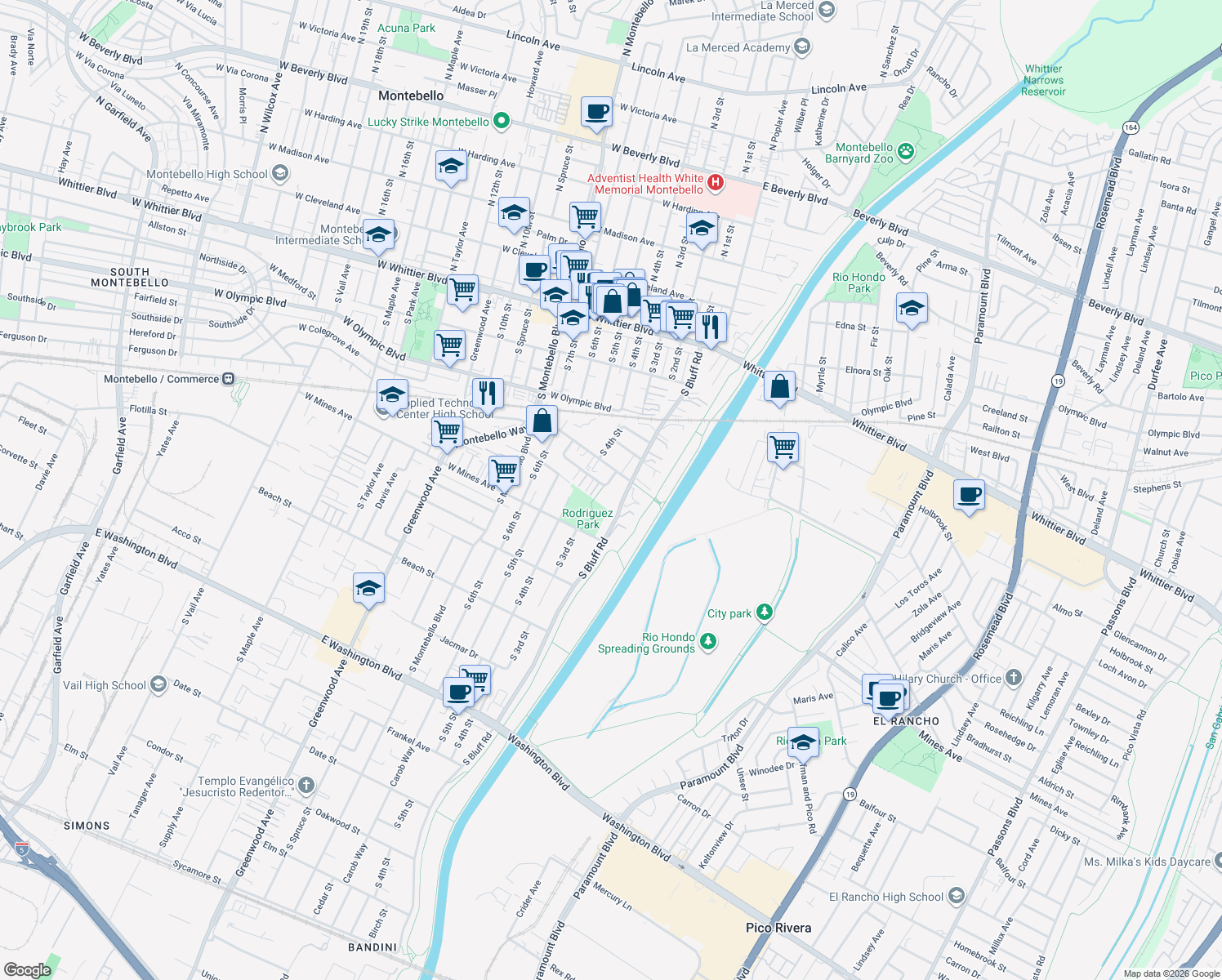 map of restaurants, bars, coffee shops, grocery stores, and more near 420 S 3rd St in Montebello