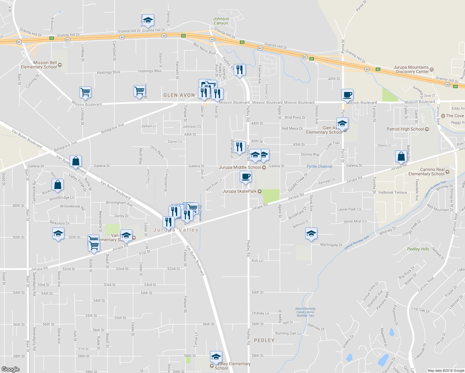 map of restaurants, bars, coffee shops, grocery stores, and more near 4713 Shetland Lane in Riverside