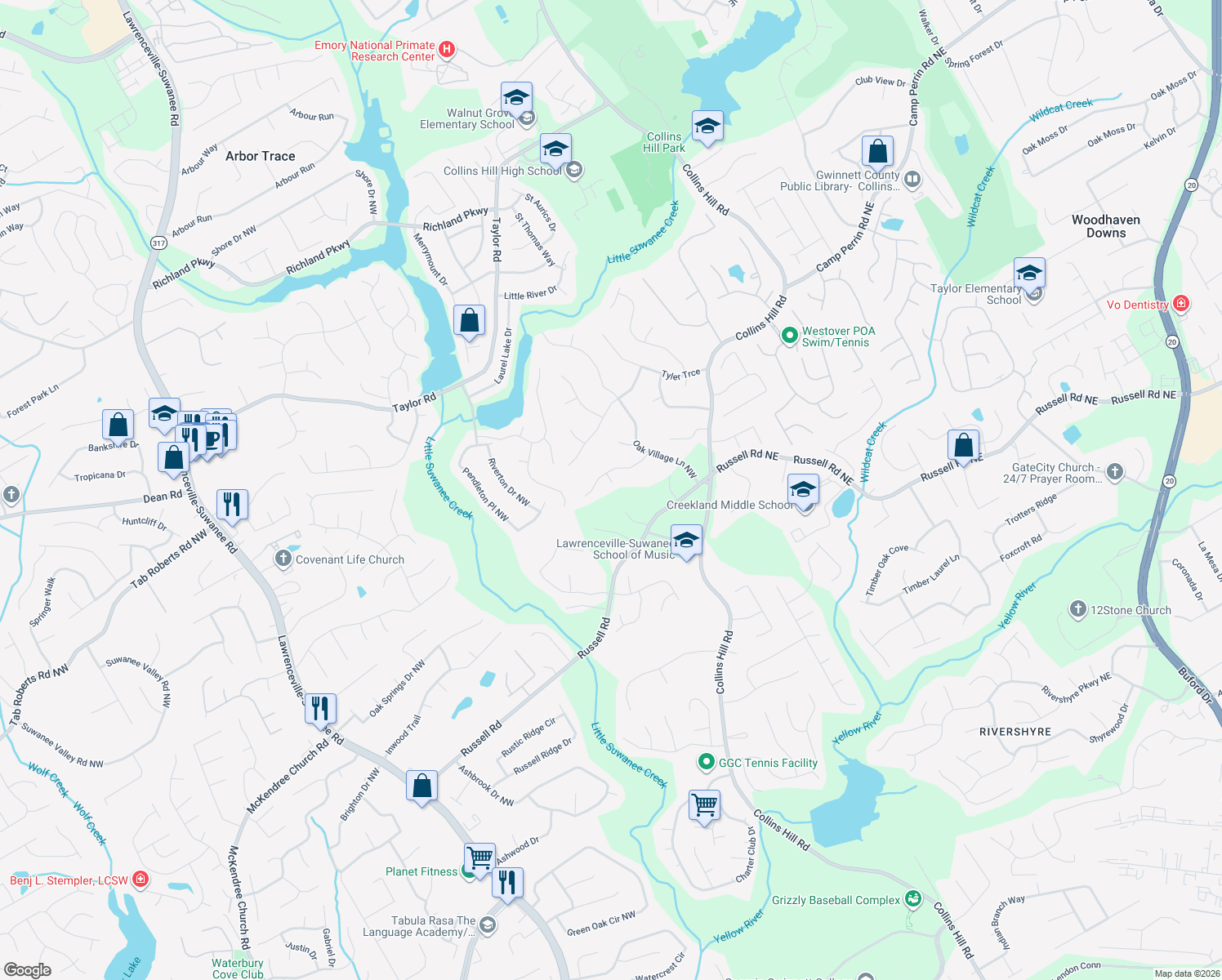 map of restaurants, bars, coffee shops, grocery stores, and more near 1800 Chantilly Court in Lawrenceville