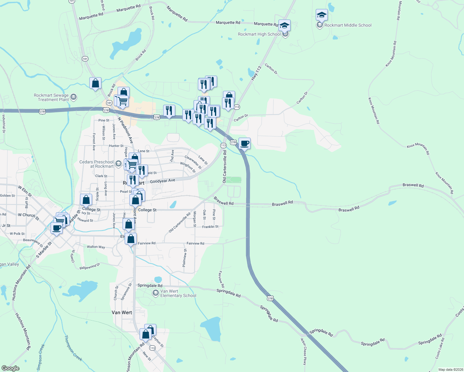 map of restaurants, bars, coffee shops, grocery stores, and more near 150 Nicole Circle in Rockmart