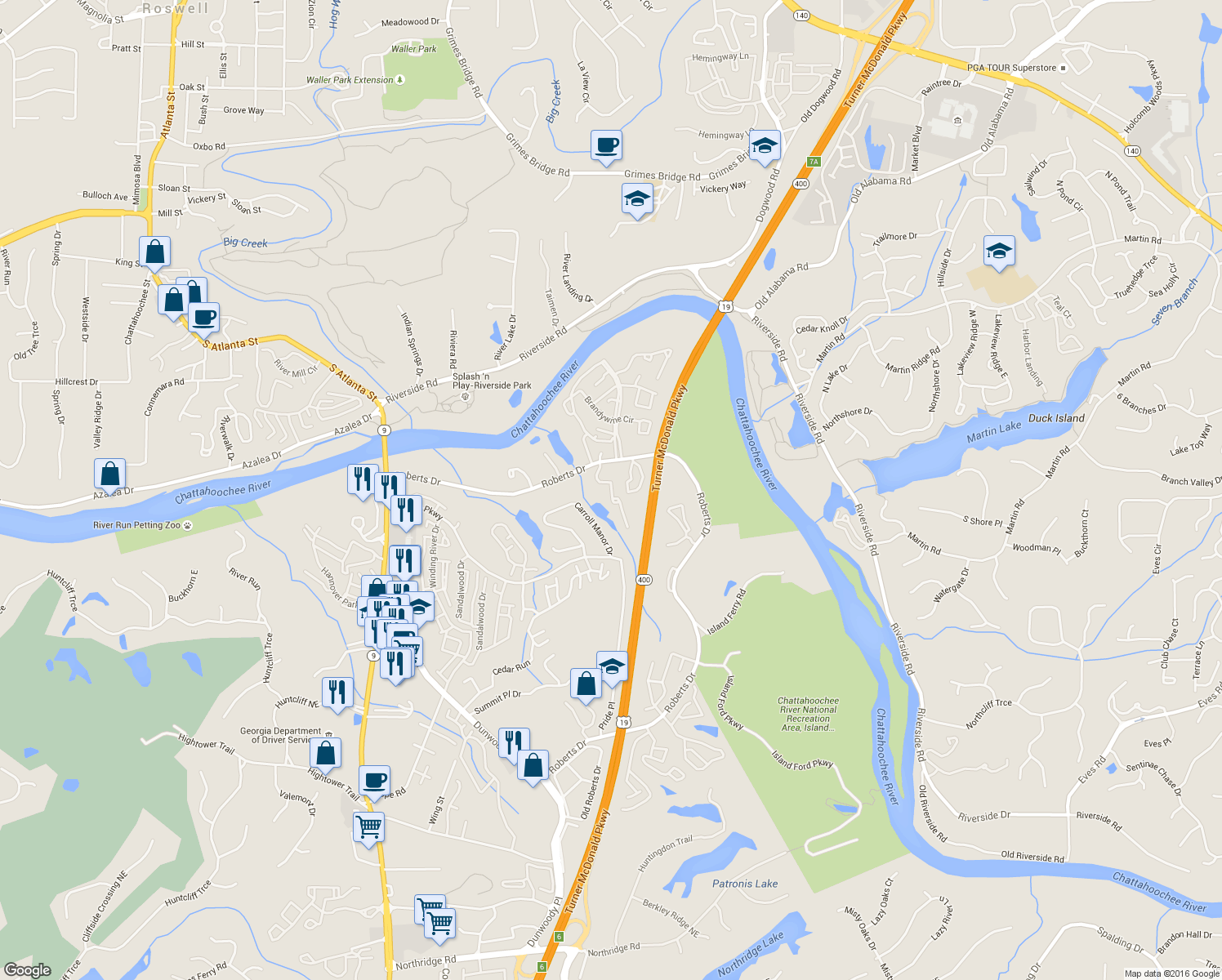 map of restaurants, bars, coffee shops, grocery stores, and more near 810 River Run Drive in Atlanta