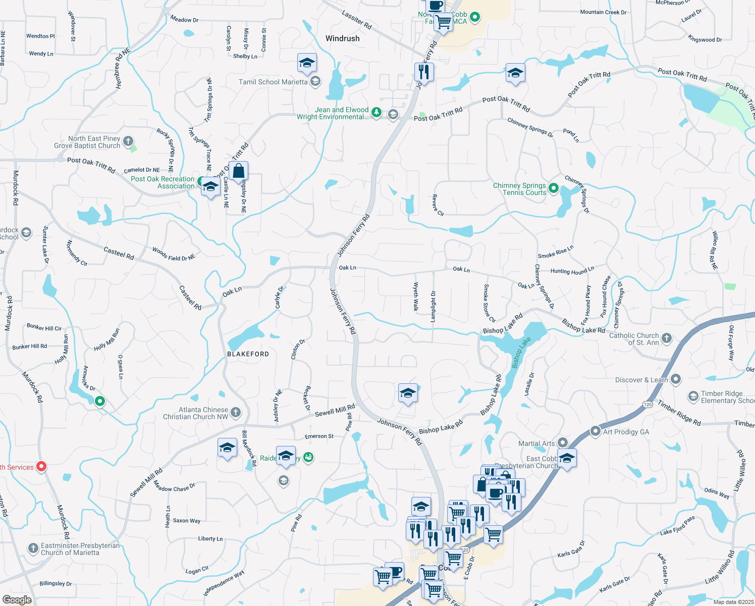 map of restaurants, bars, coffee shops, grocery stores, and more near 2122 Rockland Ct in Marietta