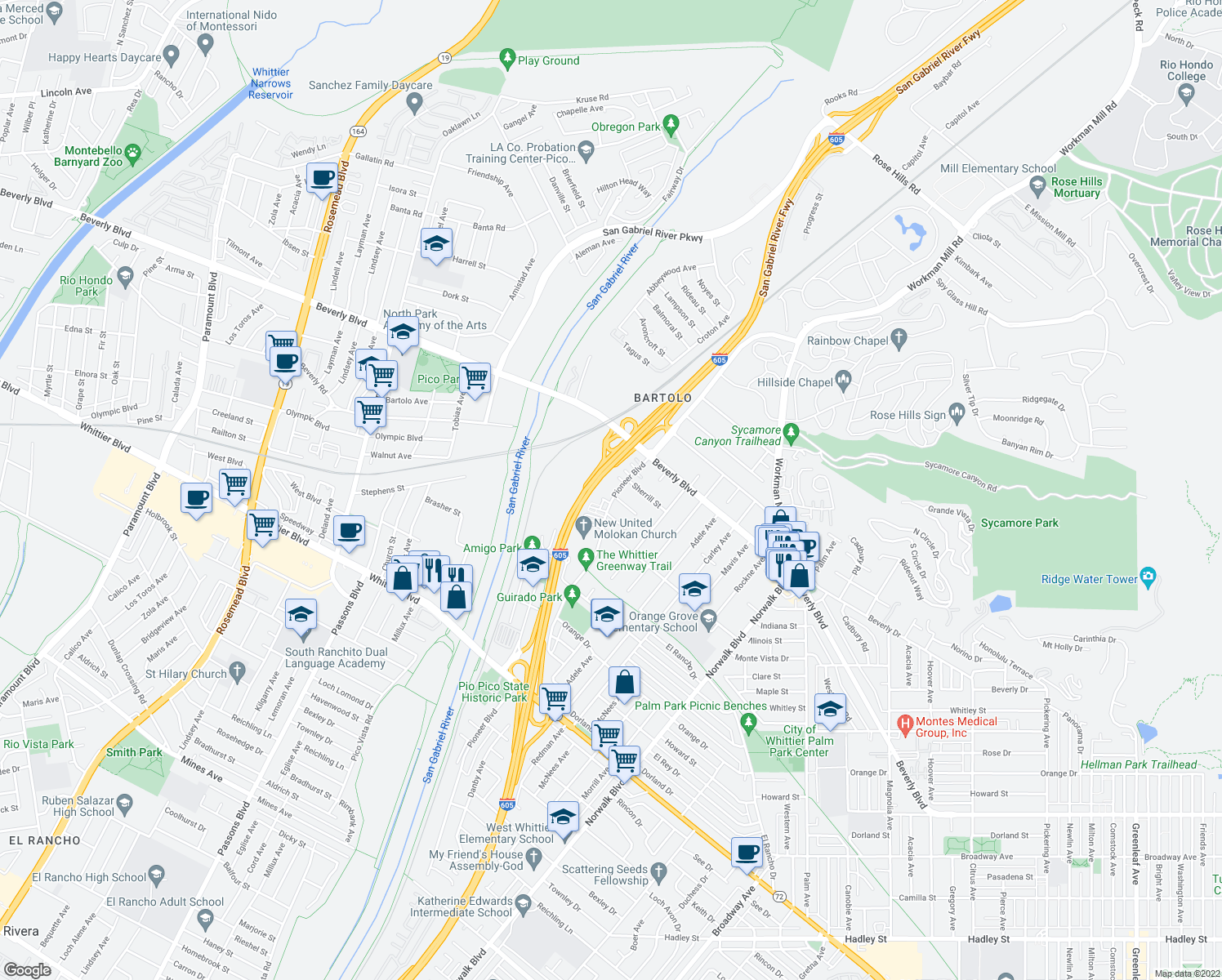 map of restaurants, bars, coffee shops, grocery stores, and more near 5489 Pioneer Blvd in Whittier