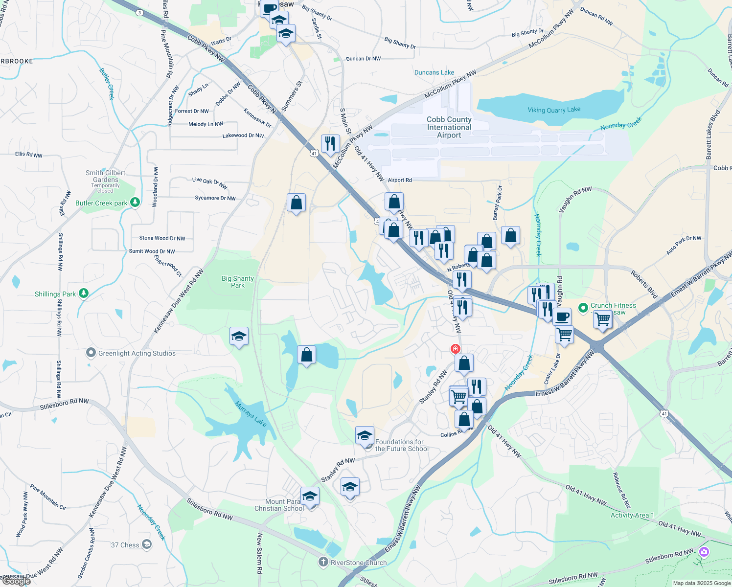 map of restaurants, bars, coffee shops, grocery stores, and more near 1963 Lakeshore Overlook Circle Northwest in Kennesaw