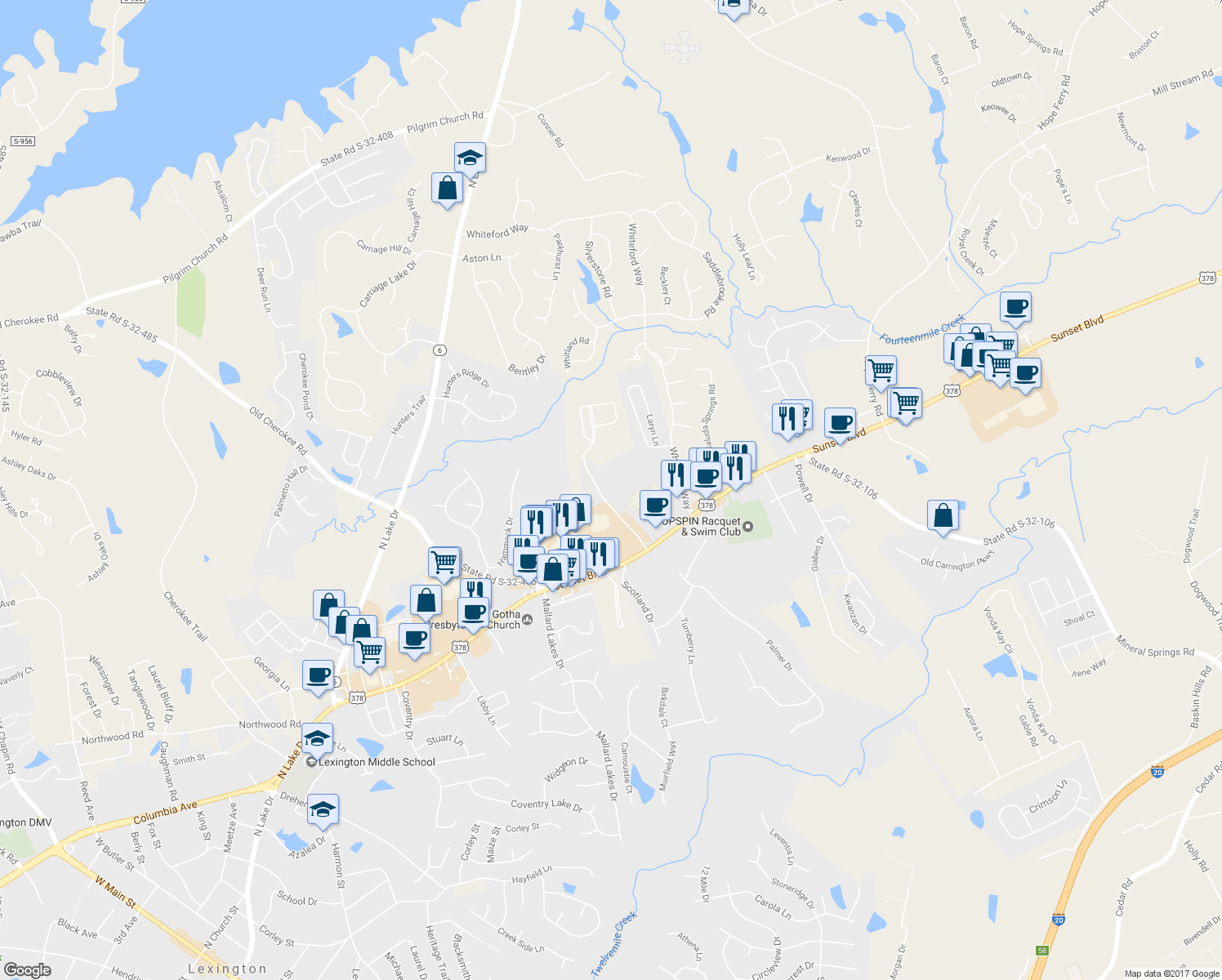 map of restaurants, bars, coffee shops, grocery stores, and more near 200 Caughman Farm Lane in Lexington