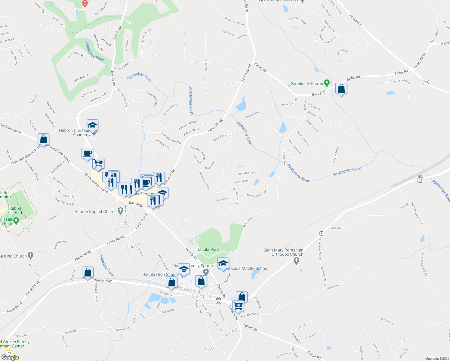 map of restaurants, bars, coffee shops, grocery stores, and more near 350 Ballyshnnon Drive in Dacula