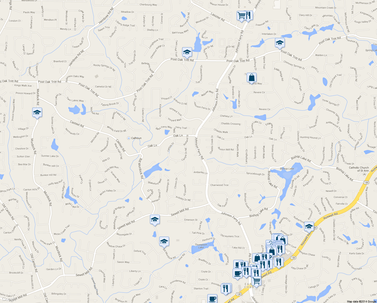 map of restaurants, bars, coffee shops, grocery stores, and more near 2166 Carlyle Drive in Marietta