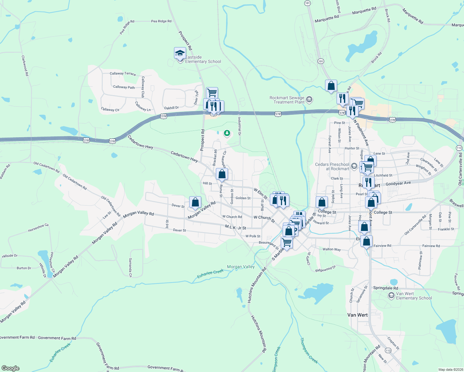 map of restaurants, bars, coffee shops, grocery stores, and more near 117 Gordon St in Rockmart