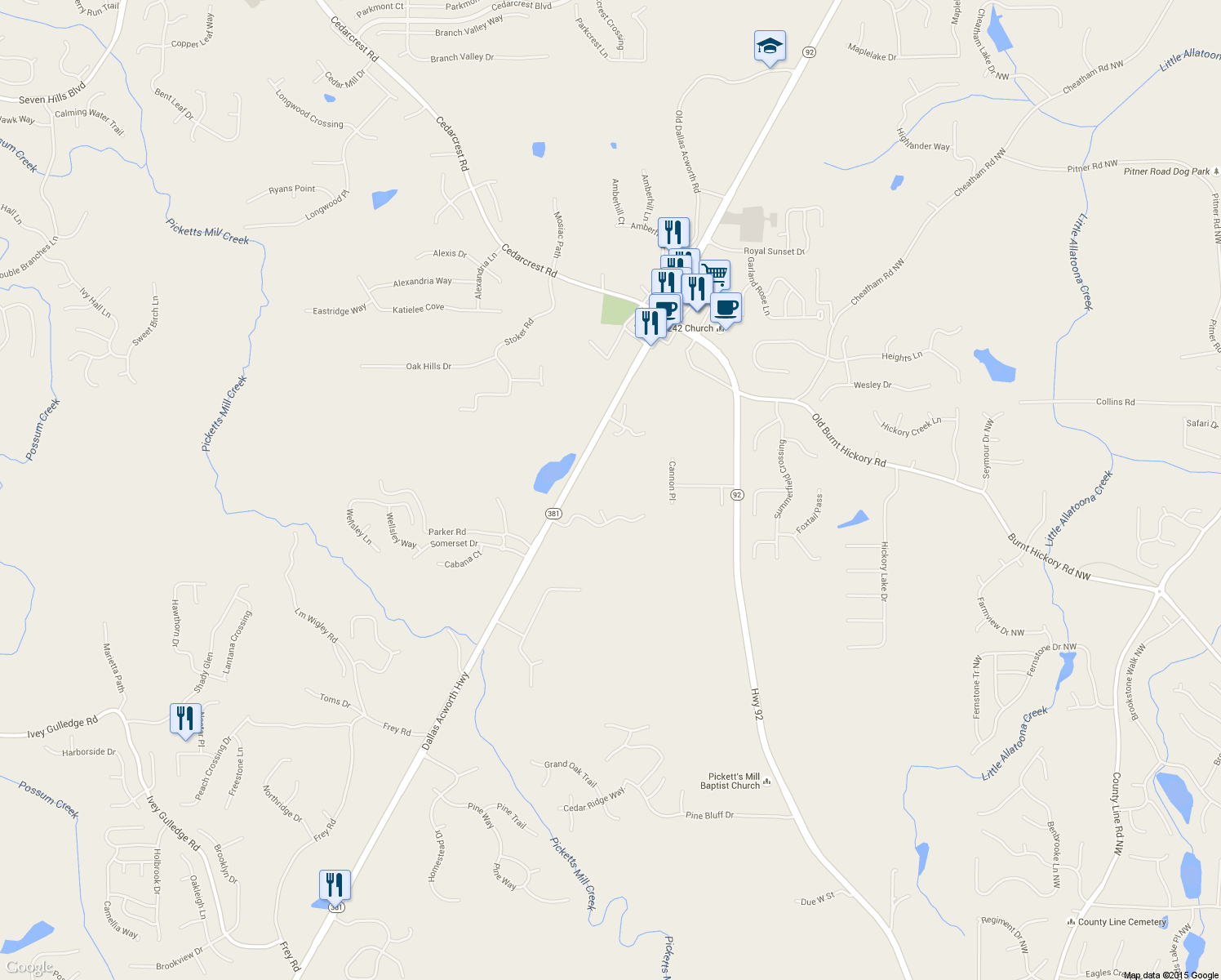 map of restaurants, bars, coffee shops, grocery stores, and more near 8122 Dallas Acworth Highway in Dallas