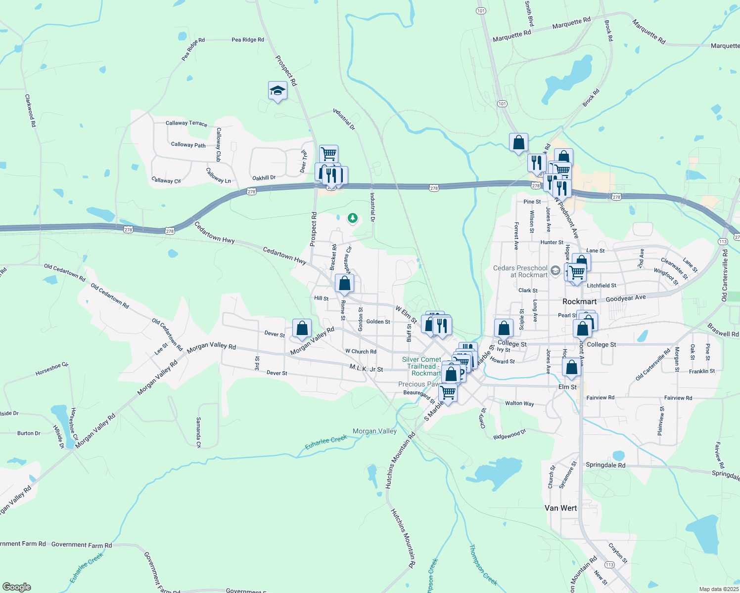 map of restaurants, bars, coffee shops, grocery stores, and more near 703 Mundy Street in Rockmart