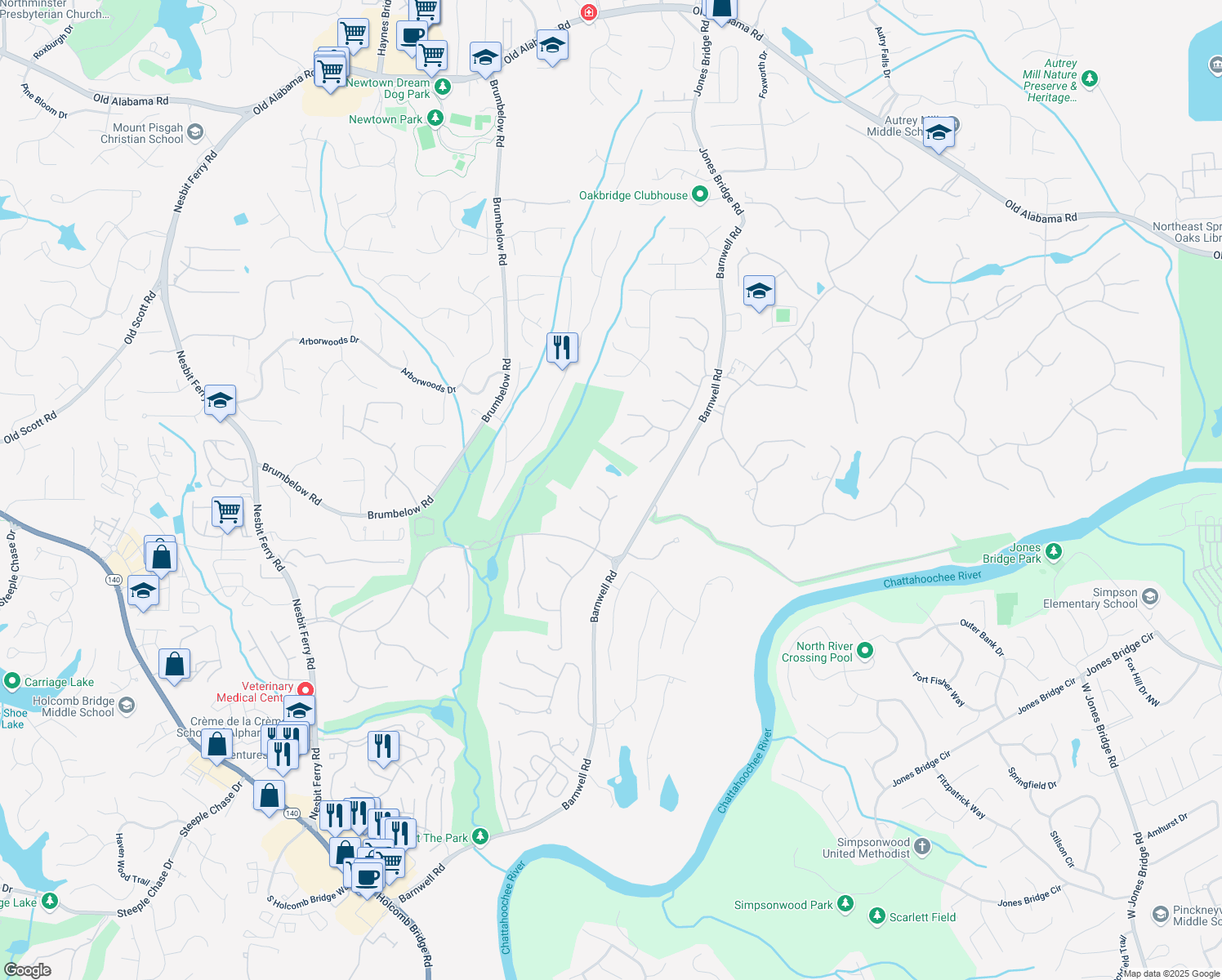 map of restaurants, bars, coffee shops, grocery stores, and more near 8885 North Mount Drive in Alpharetta