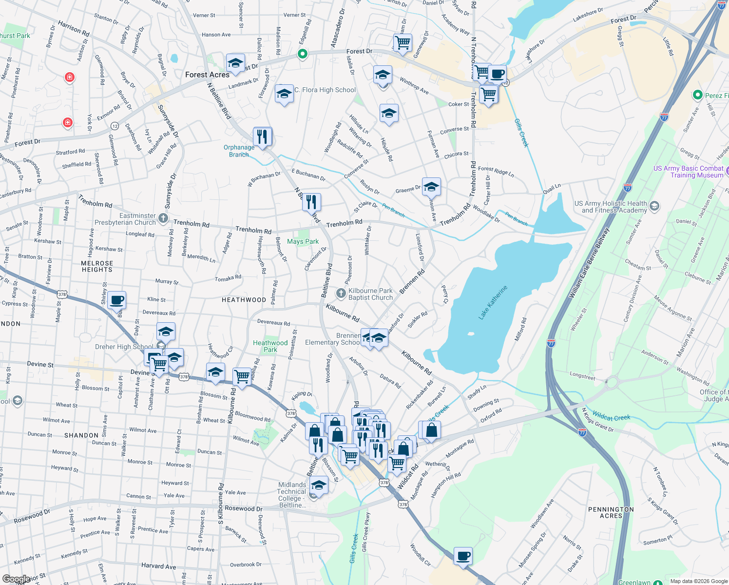 map of restaurants, bars, coffee shops, grocery stores, and more near 1302 Whittaker Drive in Columbia
