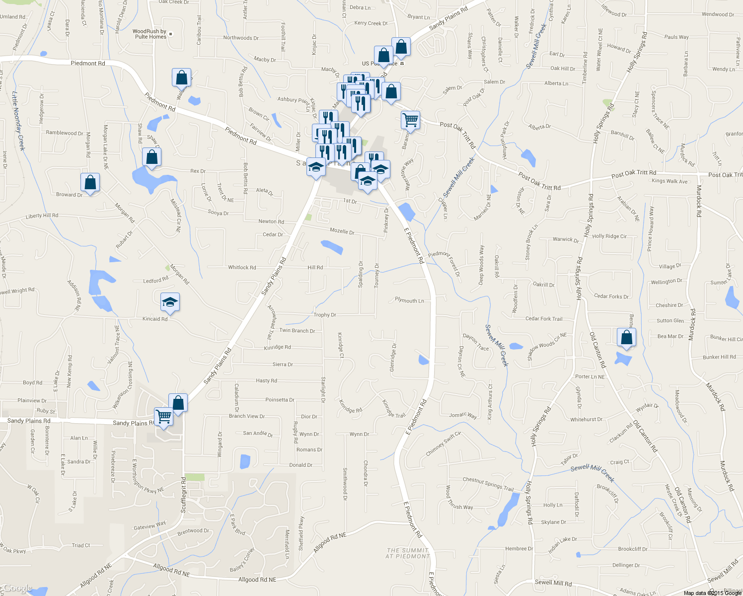 map of restaurants, bars, coffee shops, grocery stores, and more near 2133 Tourney Dr in Marietta