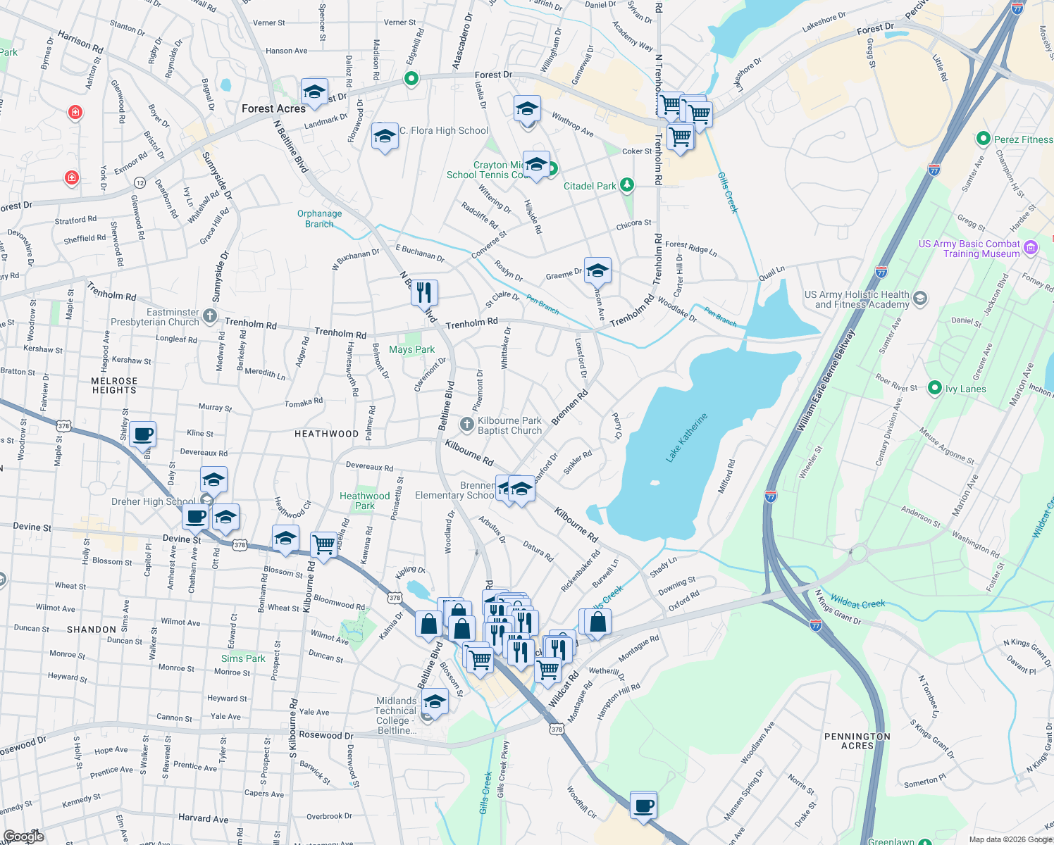 map of restaurants, bars, coffee shops, grocery stores, and more near 1340 Ellison Rd in Columbia