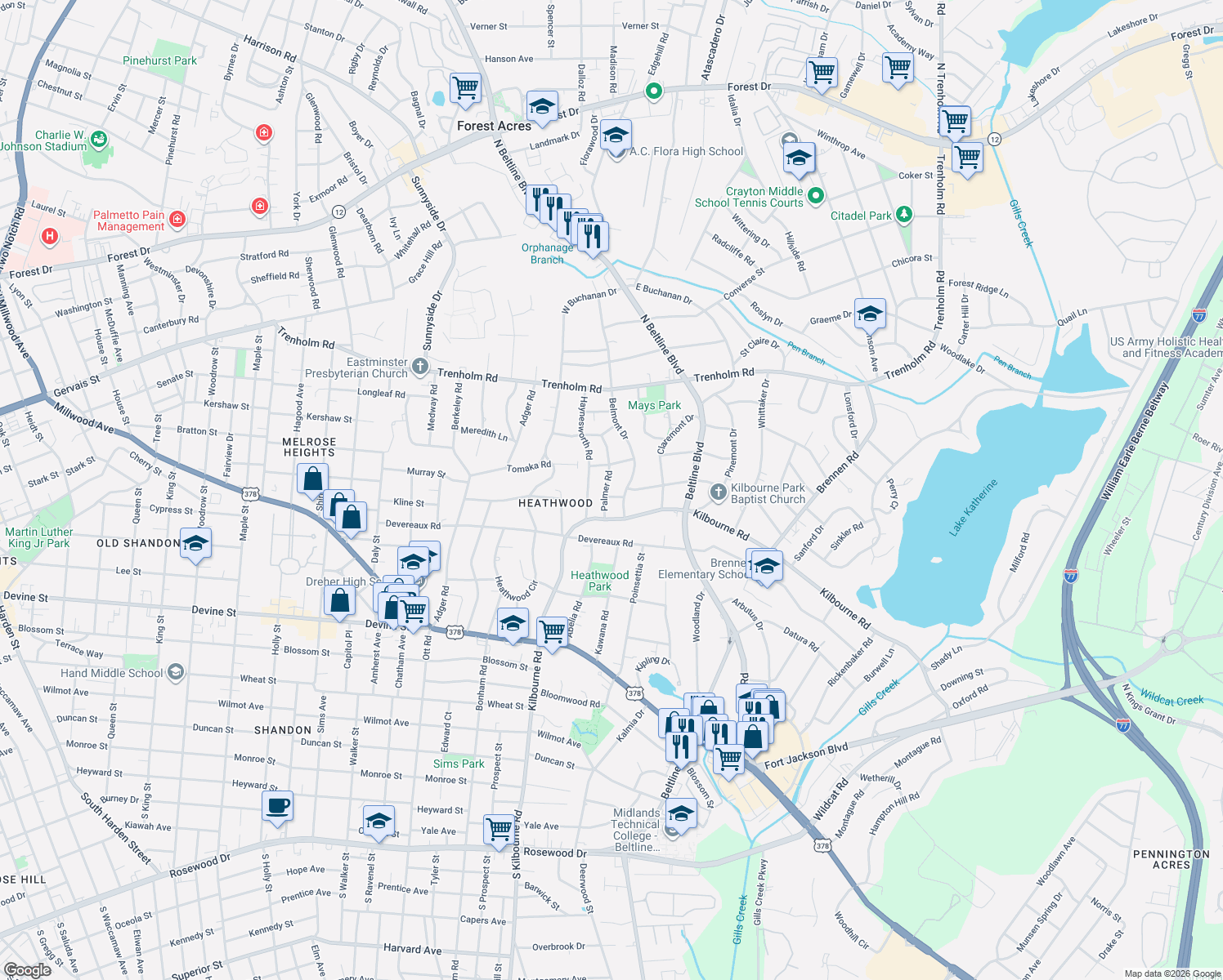 map of restaurants, bars, coffee shops, grocery stores, and more near 3905 Kenilworth Road in Columbia