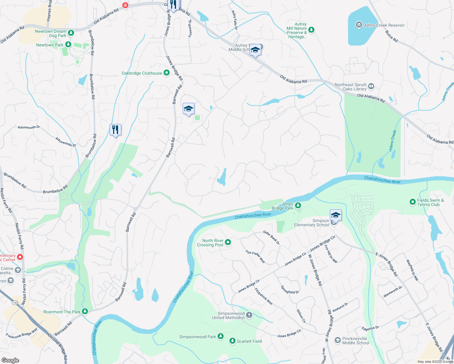 map of restaurants, bars, coffee shops, grocery stores, and more near 960 Tiverton Lane in Alpharetta