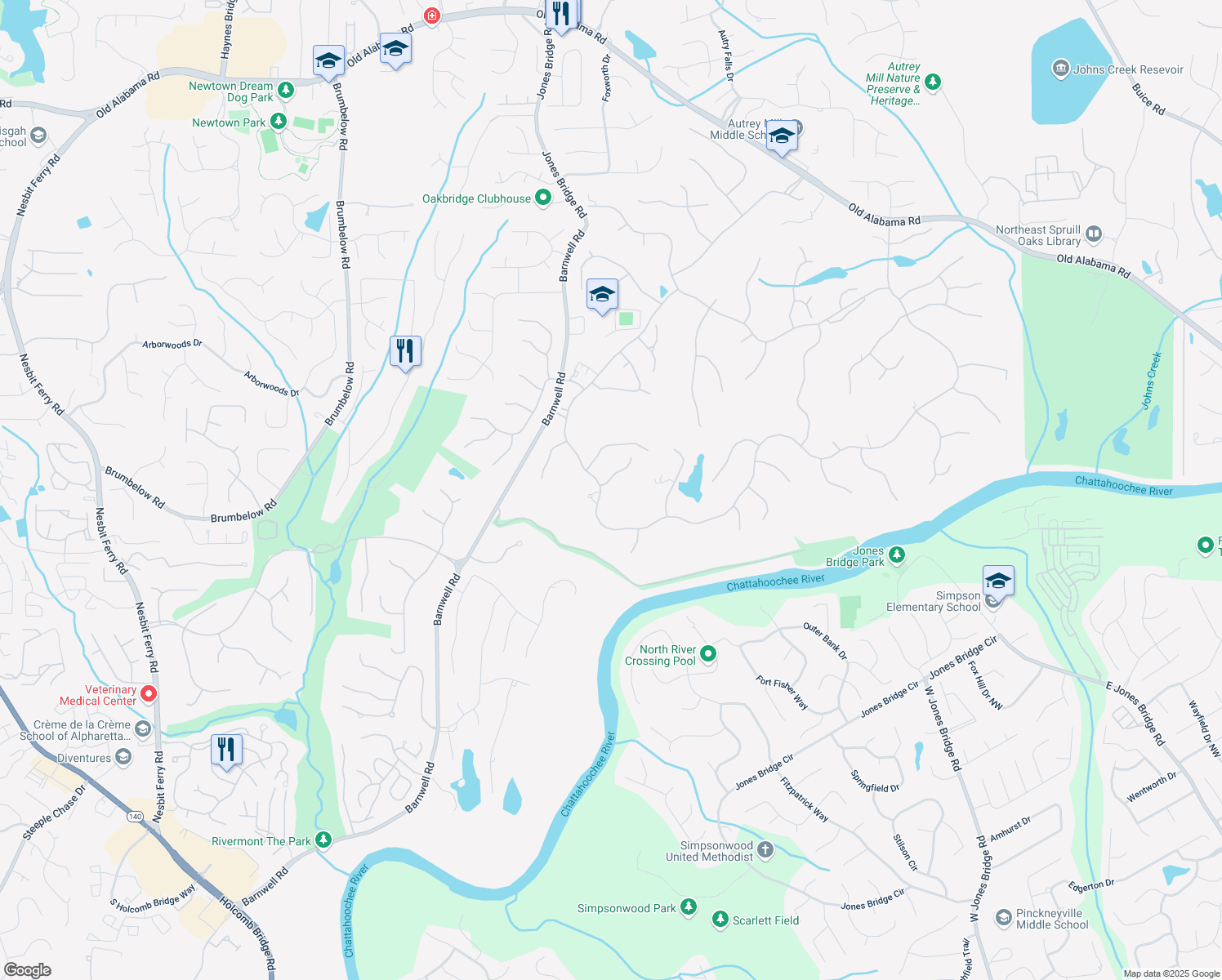 map of restaurants, bars, coffee shops, grocery stores, and more near 1000 Leadenhall Street in Johns Creek