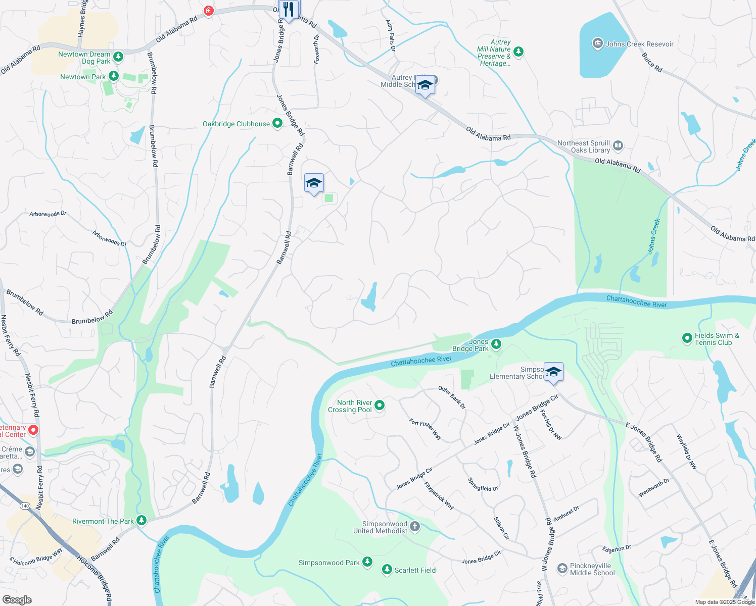 map of restaurants, bars, coffee shops, grocery stores, and more near 960 Tiverton Lane in Alpharetta
