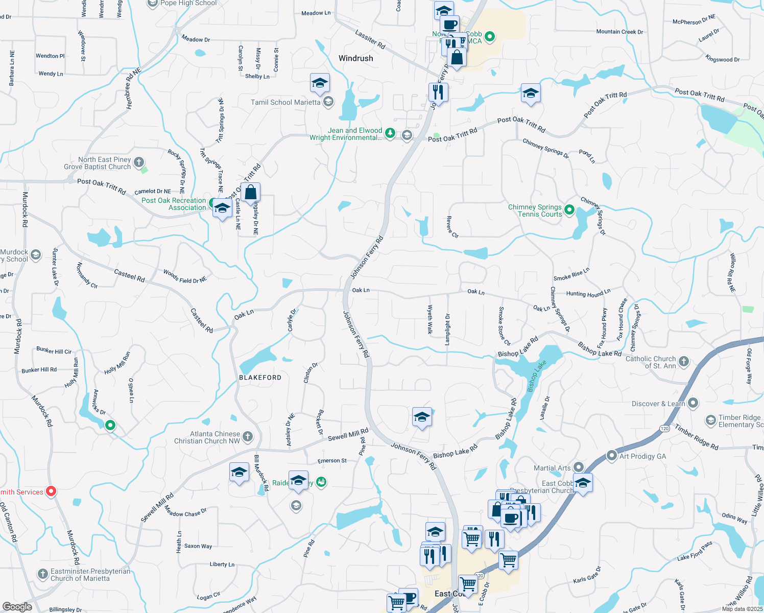 map of restaurants, bars, coffee shops, grocery stores, and more near 2244 Chadds Creek Drive in Marietta