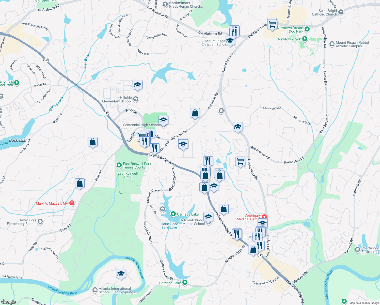 map of restaurants, bars, coffee shops, grocery stores, and more near 110 Gunlock Trce in Roswell
