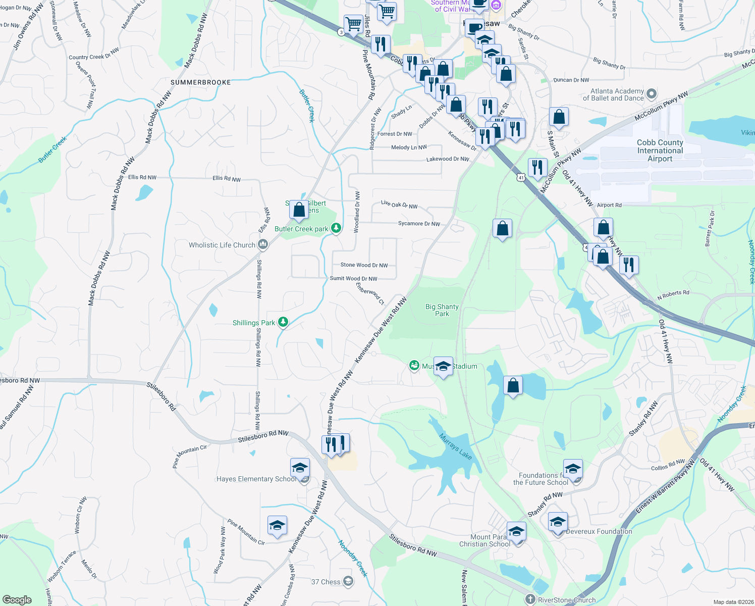 map of restaurants, bars, coffee shops, grocery stores, and more near 2411 Emberwood Court in Kennesaw