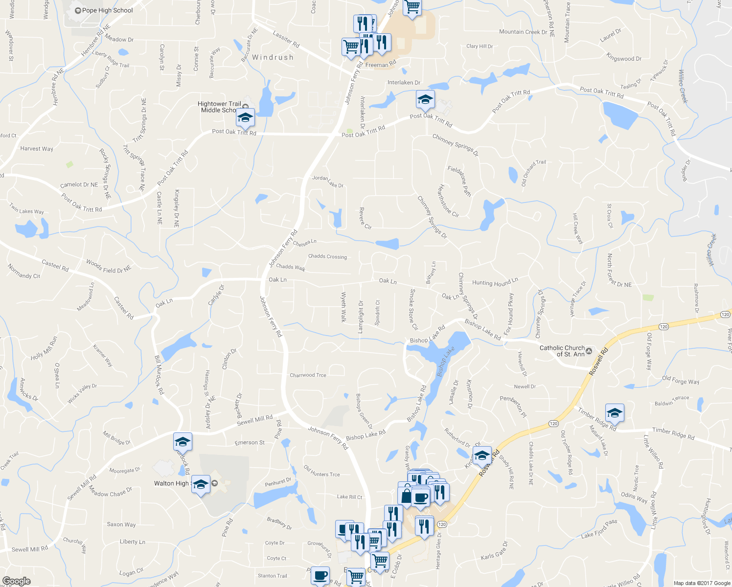map of restaurants, bars, coffee shops, grocery stores, and more near 2144 Lamplight Drive in Marietta