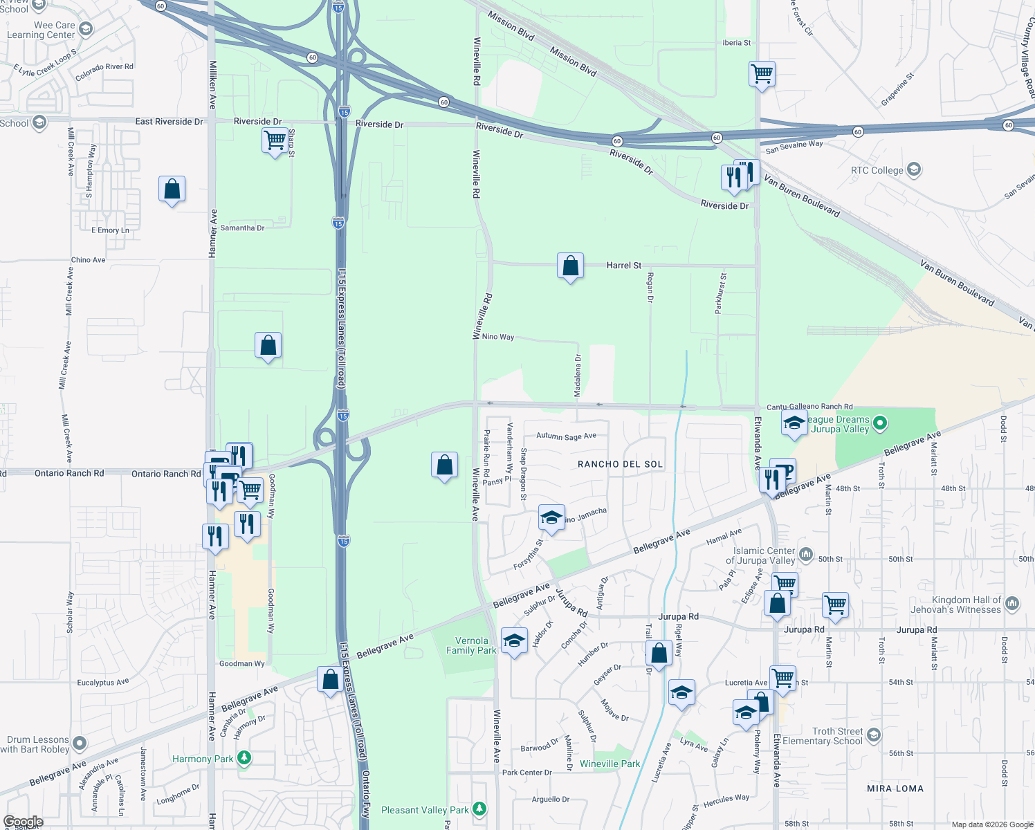 map of restaurants, bars, coffee shops, grocery stores, and more near 11715 Periwinkle Place in Jurupa Valley