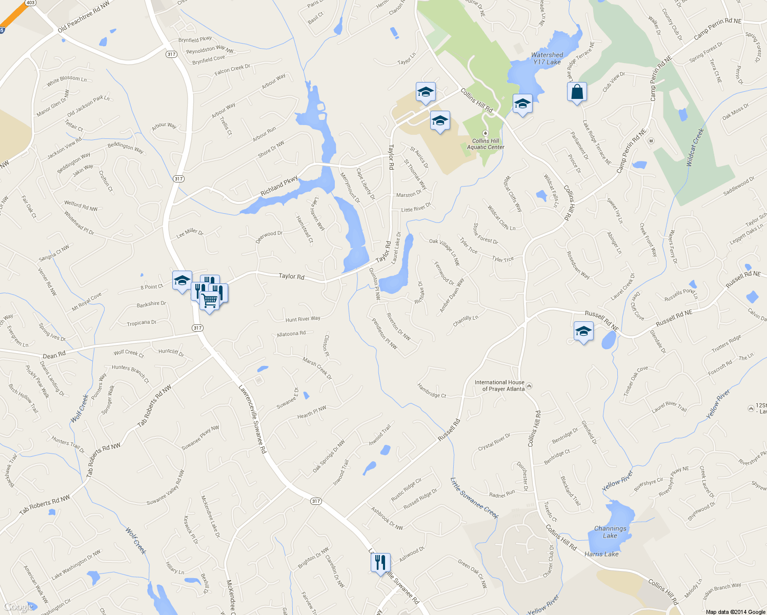map of restaurants, bars, coffee shops, grocery stores, and more near 2395 Pendleton Place Northwest in Suwanee