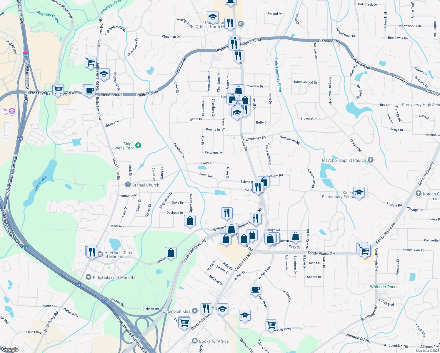 map of restaurants, bars, coffee shops, grocery stores, and more near 703 Sylvan Drive in Marietta