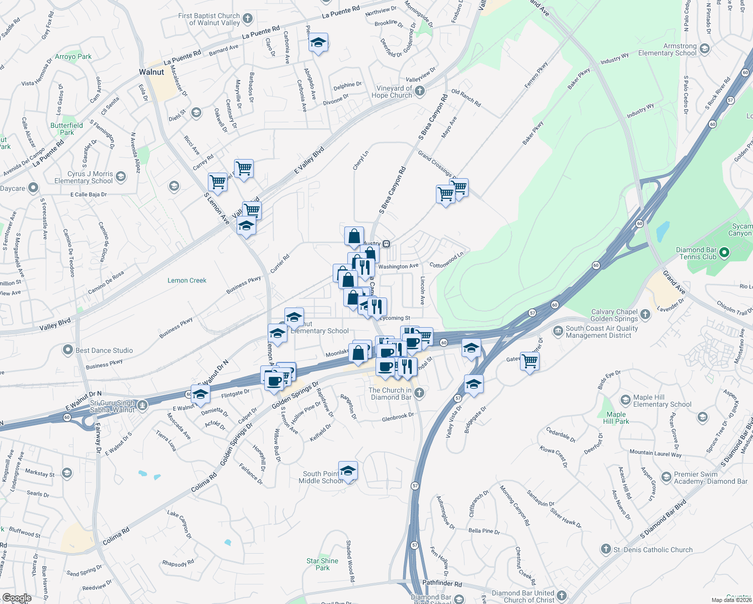 map of restaurants, bars, coffee shops, grocery stores, and more near 857 Windwood Drive in Walnut
