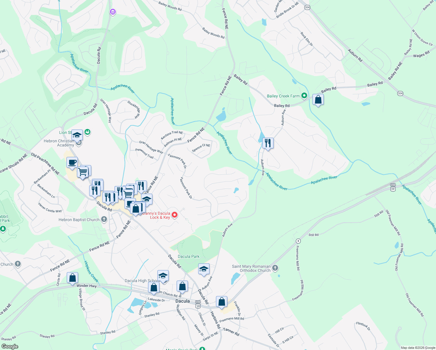 map of restaurants, bars, coffee shops, grocery stores, and more near 505 Ballyshnnon Drive in Dacula