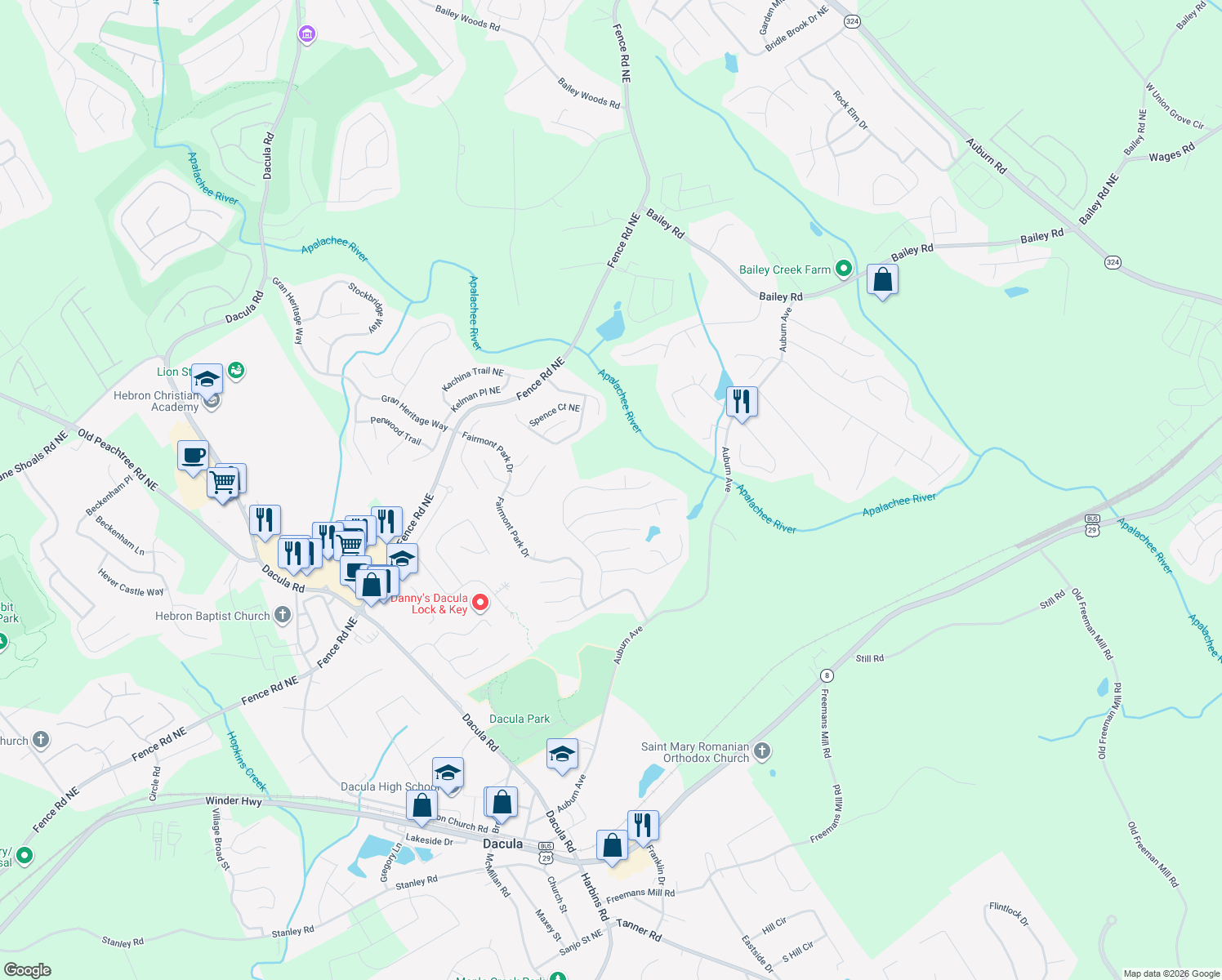 map of restaurants, bars, coffee shops, grocery stores, and more near 525 Ballyshnnon Drive in Dacula