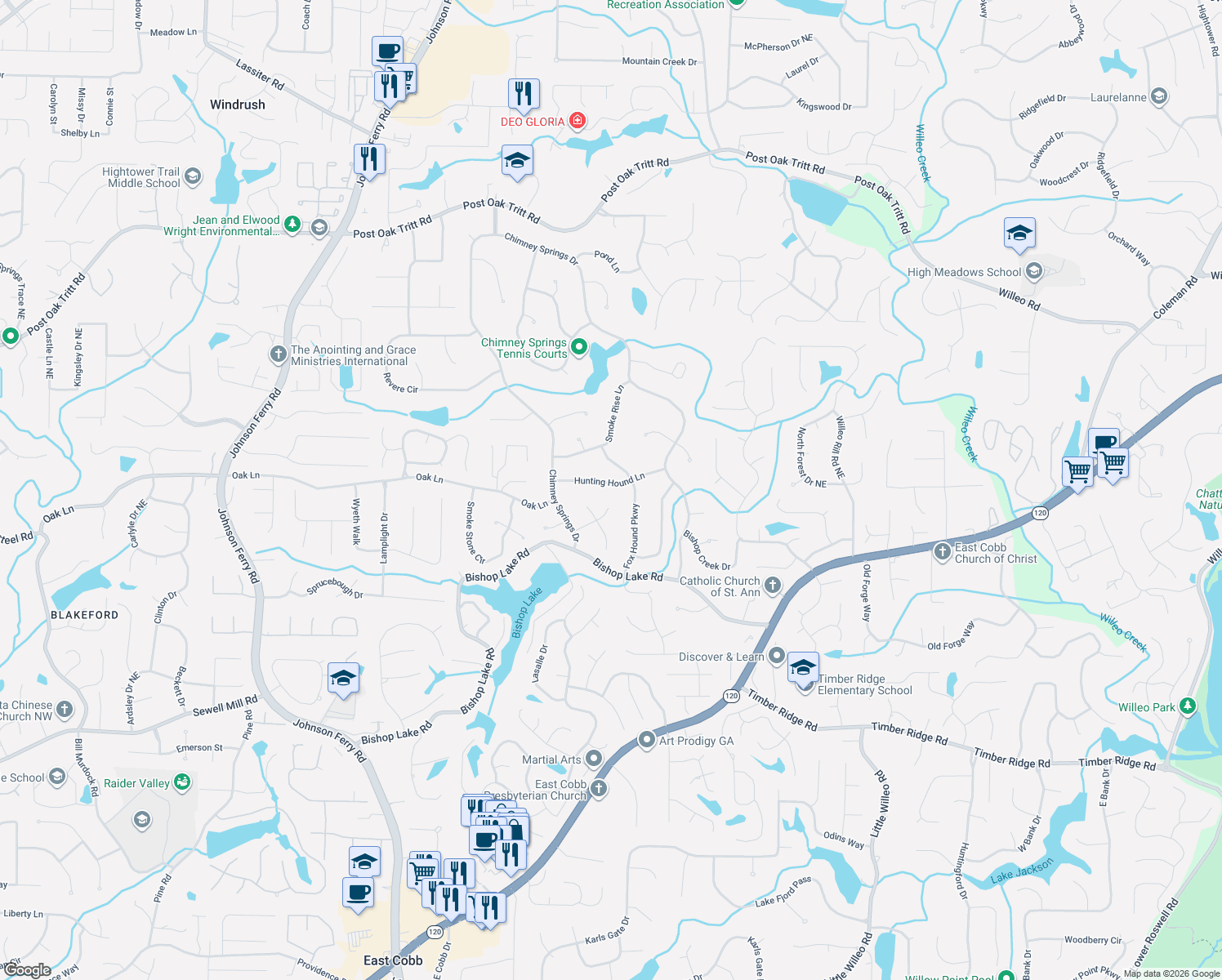map of restaurants, bars, coffee shops, grocery stores, and more near 4598 Stone Hollow Way in Marietta