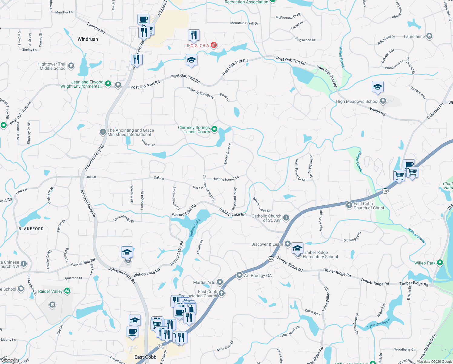map of restaurants, bars, coffee shops, grocery stores, and more near 4598 Stone Hollow Way in Marietta