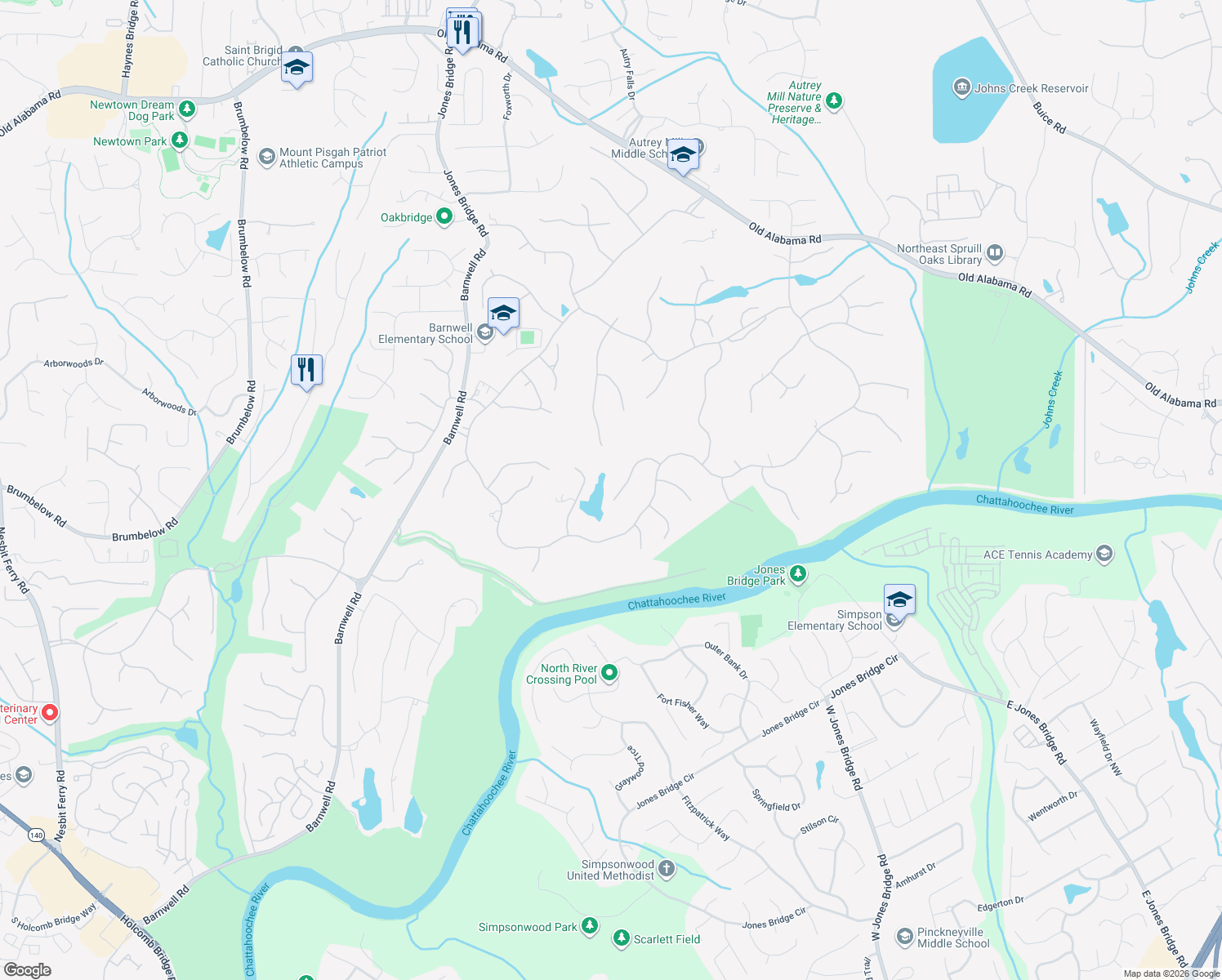 map of restaurants, bars, coffee shops, grocery stores, and more near 965 Tiverton Lane in Alpharetta