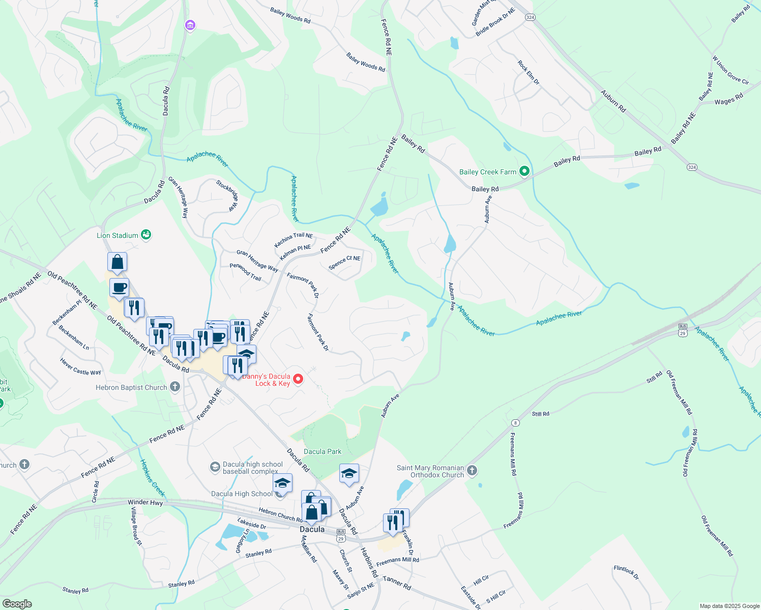 map of restaurants, bars, coffee shops, grocery stores, and more near 520 Ballyshnnon Drive in Dacula