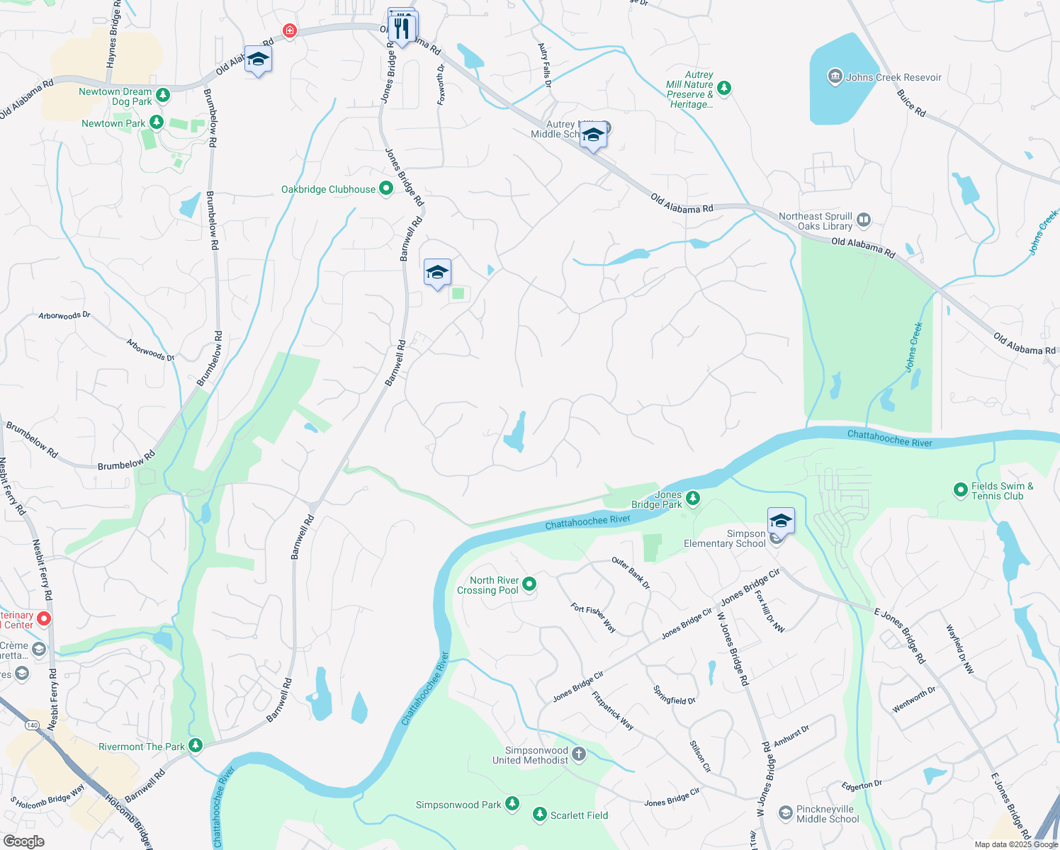 map of restaurants, bars, coffee shops, grocery stores, and more near 965 Tiverton Lane in Alpharetta